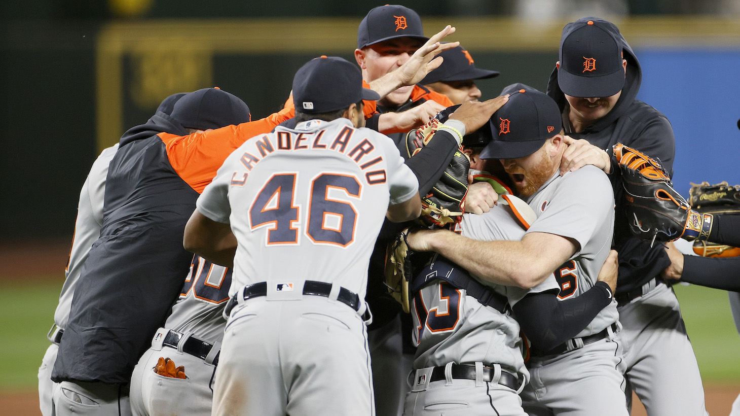 SEATTLE, WASHINGTON - MAY 18: Spencer Turnbull #56 of the Detroit Tigers celebrates with his teammates after a no-hitter against the Seattle Mariners at T-Mobile Park on May 18, 2021 in Seattle, Washington. The Tigers beat the Mariners 5-0. (Photo by Steph Chambers/Getty Images)