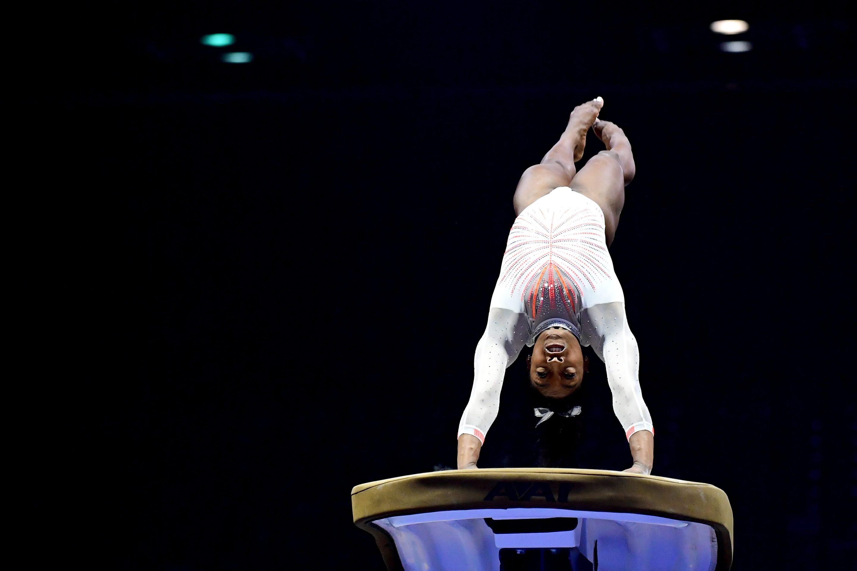 Simone Biles does the Yurchenko double pike while competing on the vault during the 2021 GK U.S. Classic gymnastics competition at the Indiana Convention Center on May 22, 2021 in Indianapolis, Indiana. Biles became the first woman in history to land the Yurchenko double pike in competition.