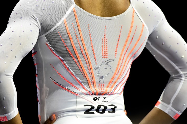 Simone Biles wears a rhinestone goat on her leotard during the 2021 GK U.S. Classic gymnastics competition at the Indiana Convention Center on May 22, 2021 in Indianapolis, Indiana. (Photo by Emilee Chinn/Getty Images)