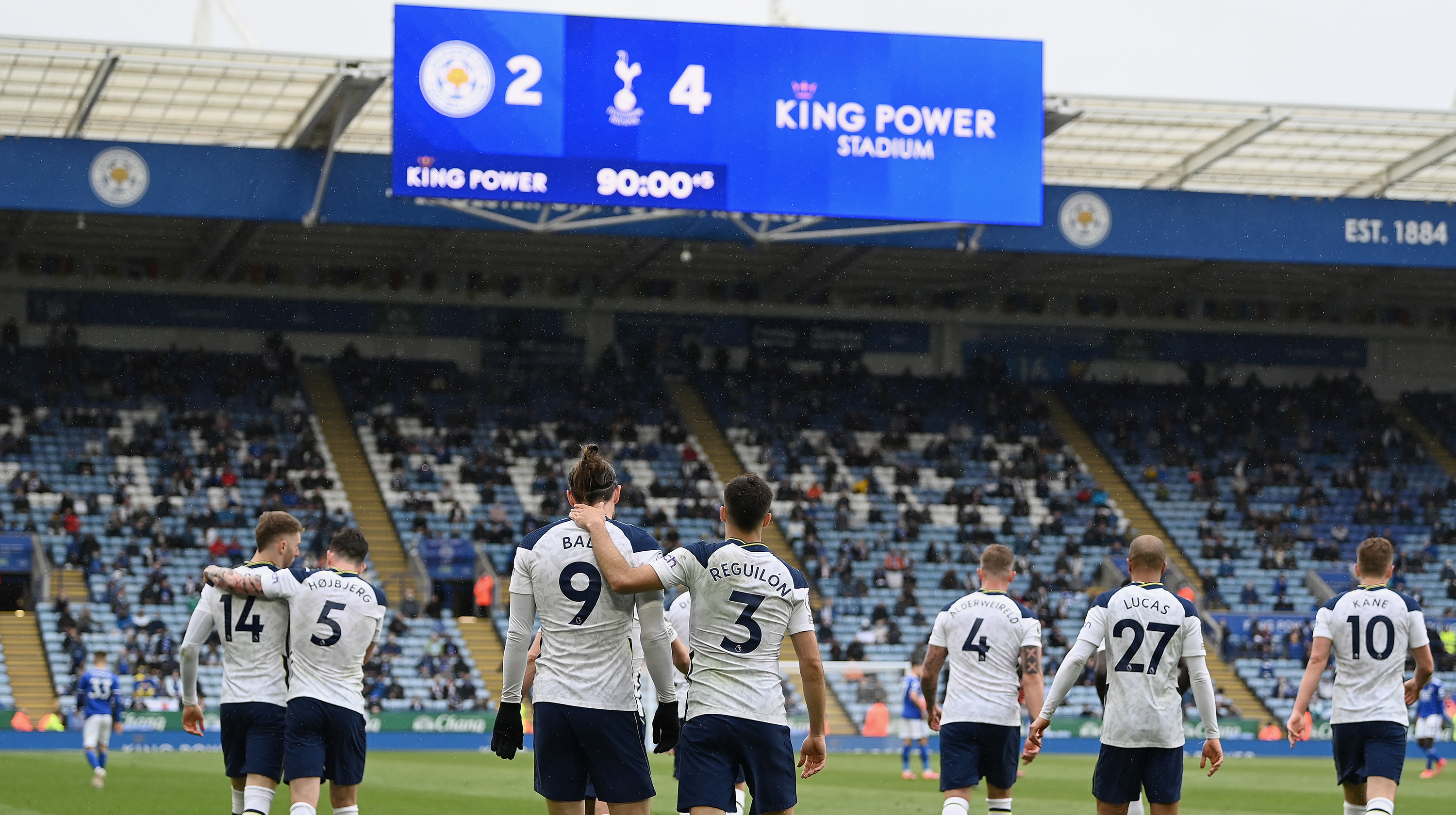 Gareth Bale of Tottenham Hotspur celebrates with teammate Sergio Reguilon after scoring his team's fourth goal during the Premier League match between Leicester City and Tottenham Hotspur at The King Power Stadium on May 23, 2021 in Leicester, England.
