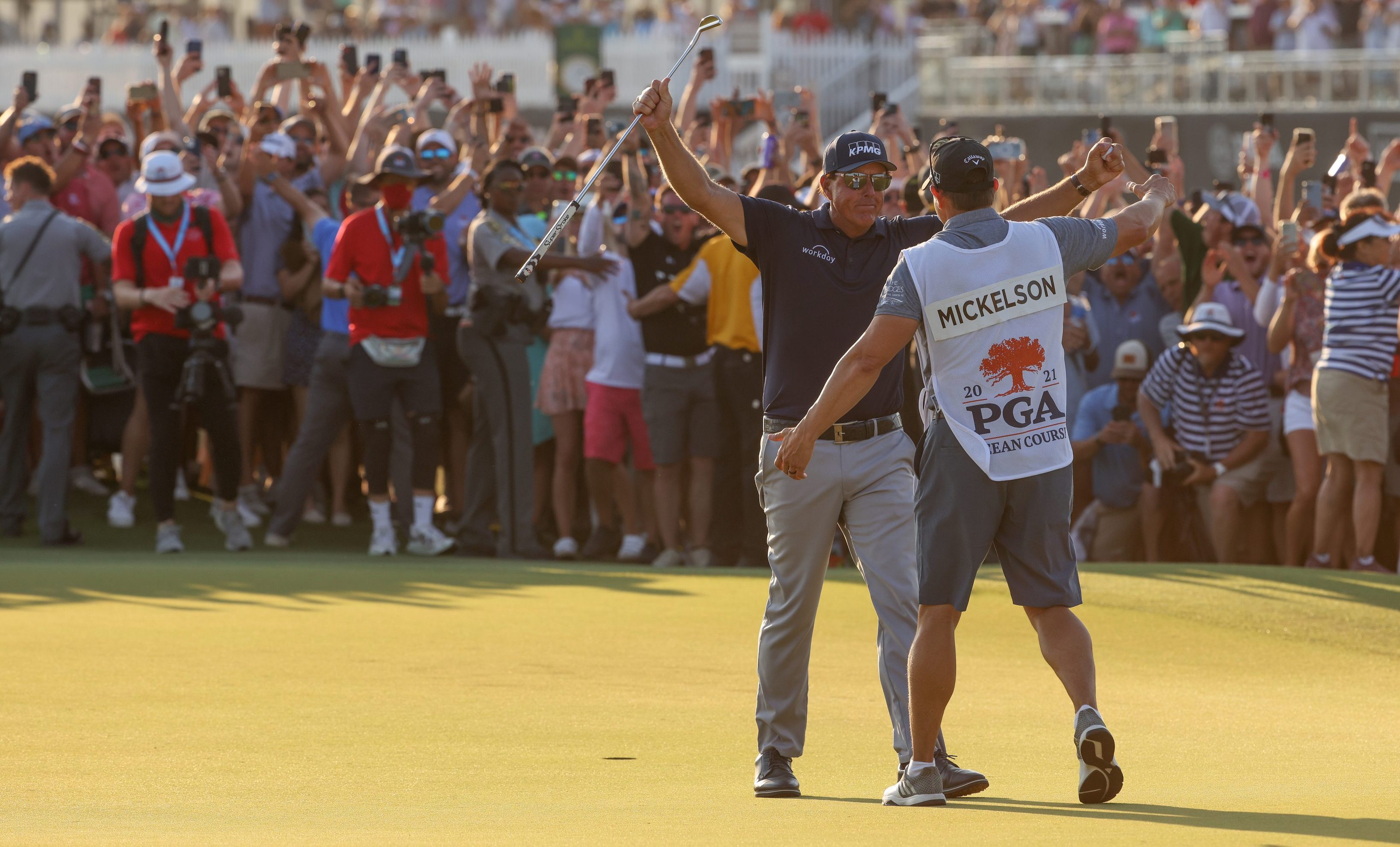 Phil Mickelson celebrates