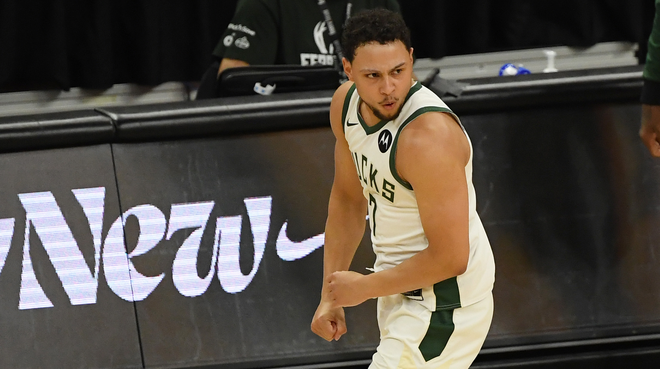 Bryn Forbes #7 of the Milwaukee Bucks reacts after his three point basket in the second quarter against the Miami Heat during Game Two of their Eastern Conference first-round playoff series between the Milwaukee Bucks and the Miami Heat at Fiserv Forum on May 24, 2021 in Milwaukee, Wisconsin.