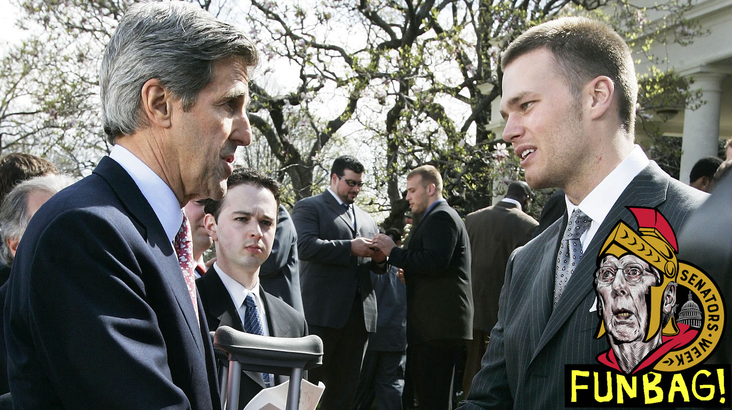 WASHINGTON - APRIL 13: U.S. Senator John Kerry (D-MA) (L) shakes hands with Patriot's quarterback Tom Brady after a Rose Garden event to honor the Super Bowl Champion's the New England Patriots April 13, 2005 at the White House in Washington, DC. Kerry had knee surgery recently. (Photo by Alex Wong/Getty Images)