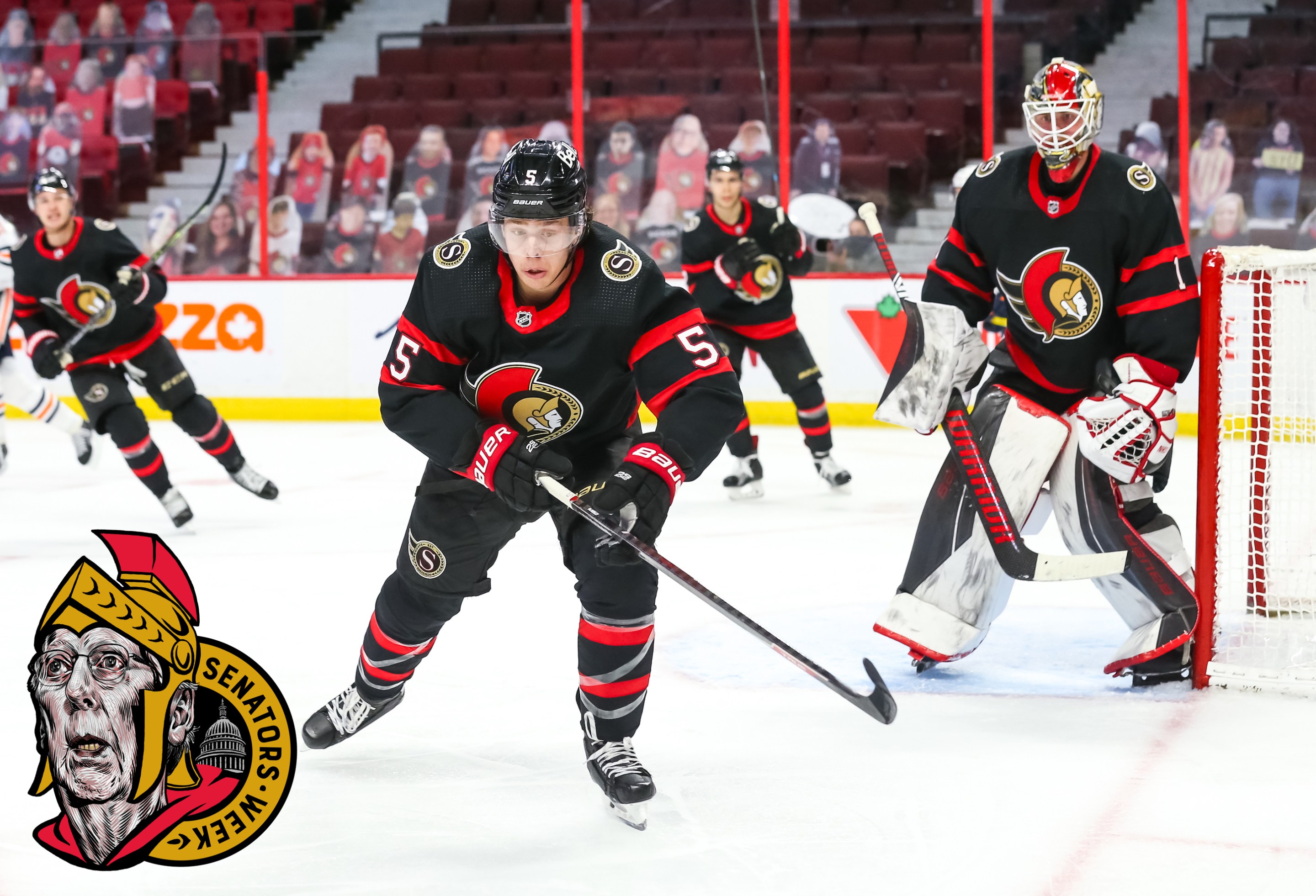 Mike Reilly #5 of the Ottawa Senators skates against the Edmonton Oilers at Canadian Tire Centre on April 7, 2021 in Ottawa, Ontario, Canada.