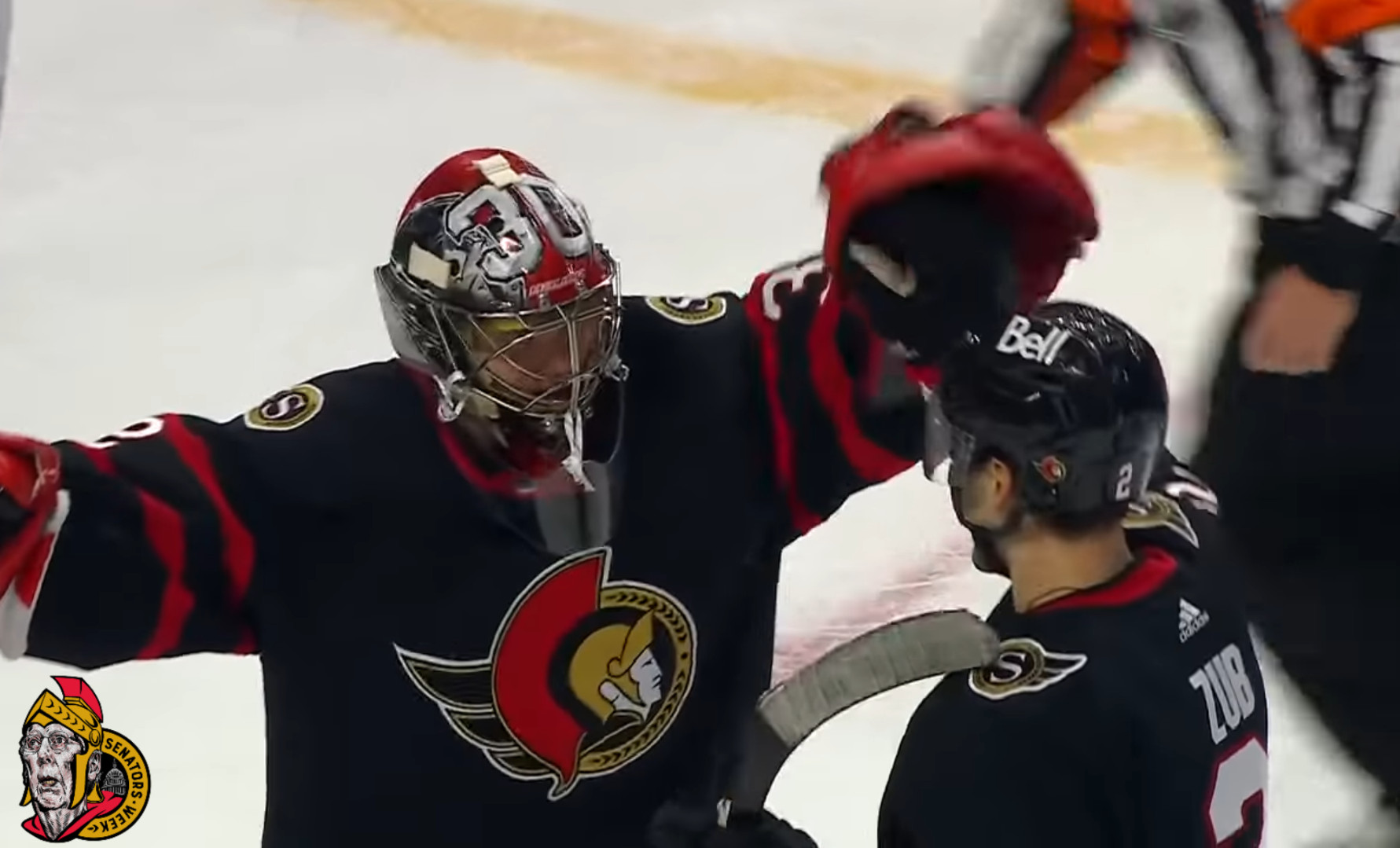 filip gustavsson celebrates with artem zub