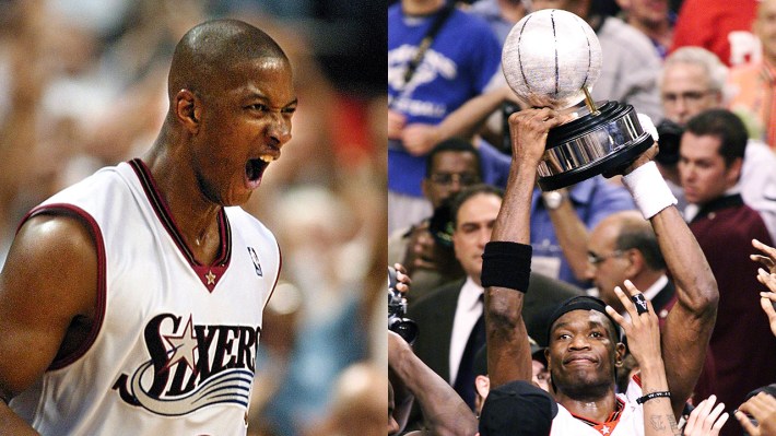 Eric Snow celebrates; other photo: Dikembe Mutombo holds up the Eastern Conference trophy