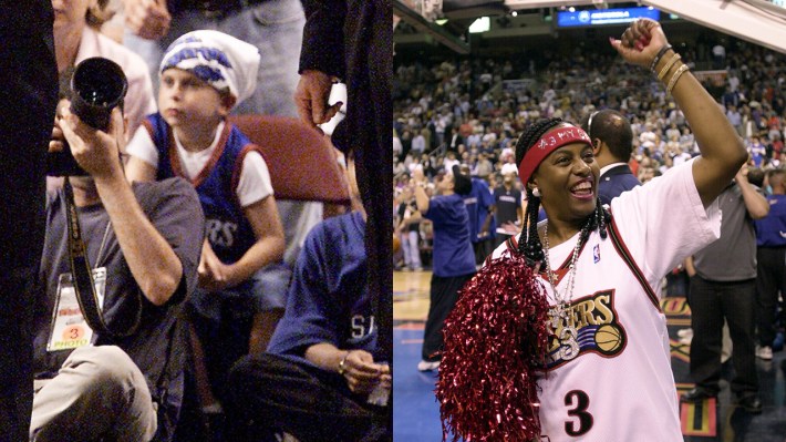 Left: A white fan dressed like Allen Iverson; Right: Allen Iverson's mom