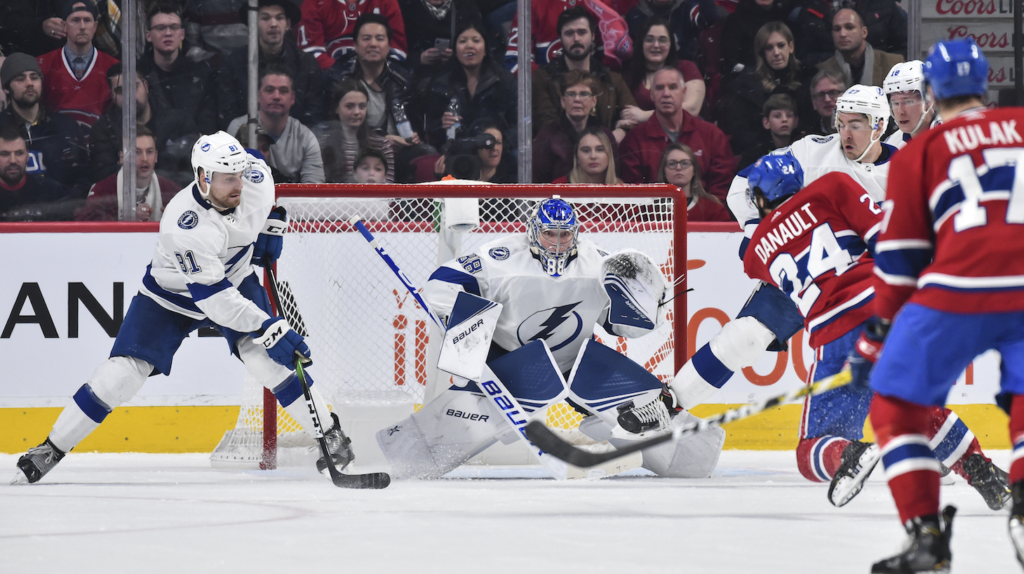 MONTREAL, QC - JANUARY 02: Goaltender Andrei Vasilevskiy #88 of the Tampa Bay Lightning watches the puck against the Montreal Canadiens during the third period at the Bell Centre on January 2, 2020 in Montreal, Canada. The Tampa Bay Lightning defeated the Montreal Canadiens 2-1. (Photo by Minas Panagiotakis/Getty Images)