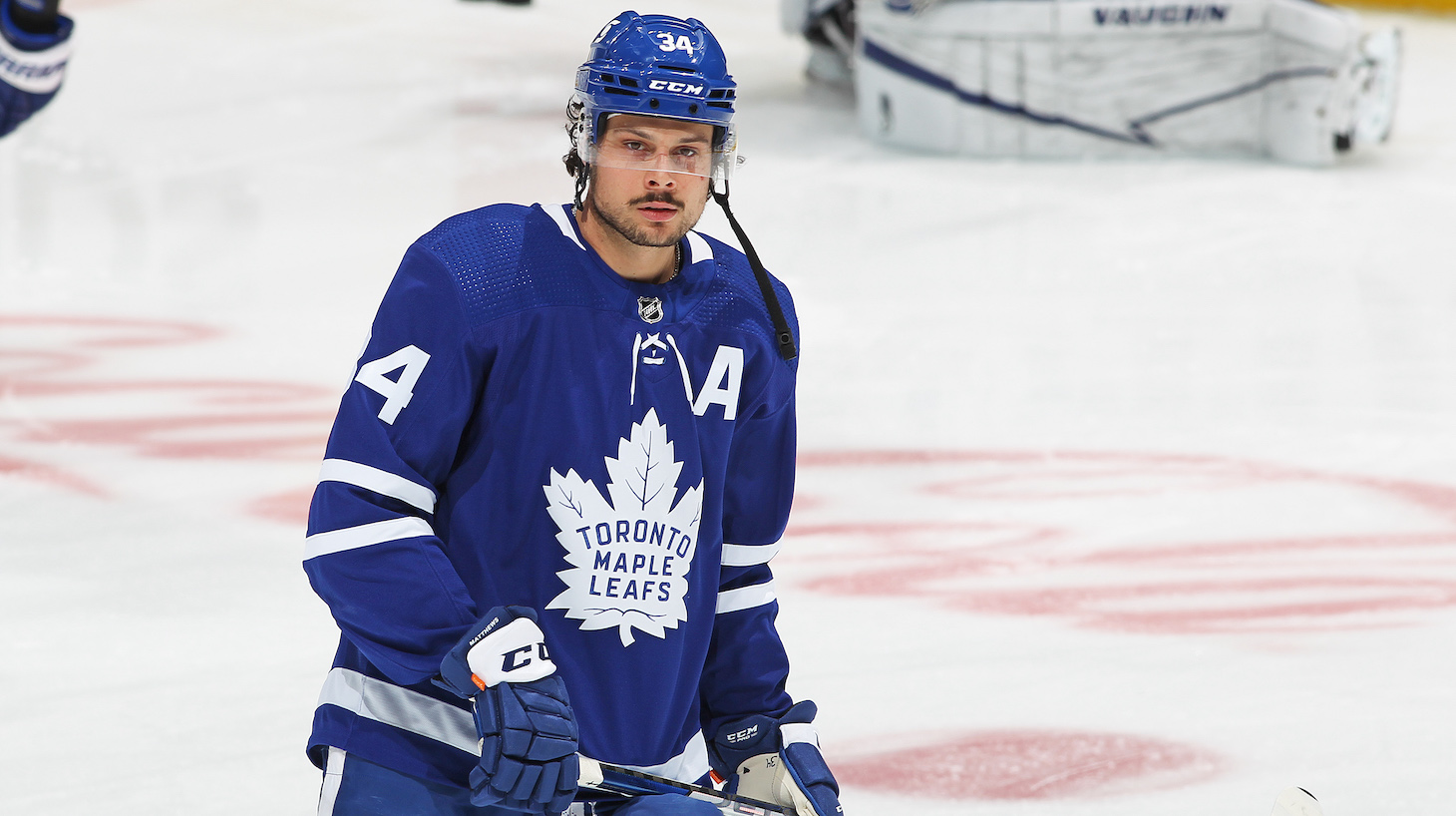 TORONTO, ON - MAY 31: Auston Matthews #34 of the Toronto Maple Leafs warms up prior to play against the Montreal Canadiens in Game Seven of the First Round of the 2021 Stanley Cup Playoffs at Scotiabank Arena on May 31, 2021 in Toronto, Ontario, Canada. (Photo by Claus Andersen/Getty Images) *** Local Caption *** Auston Matthews