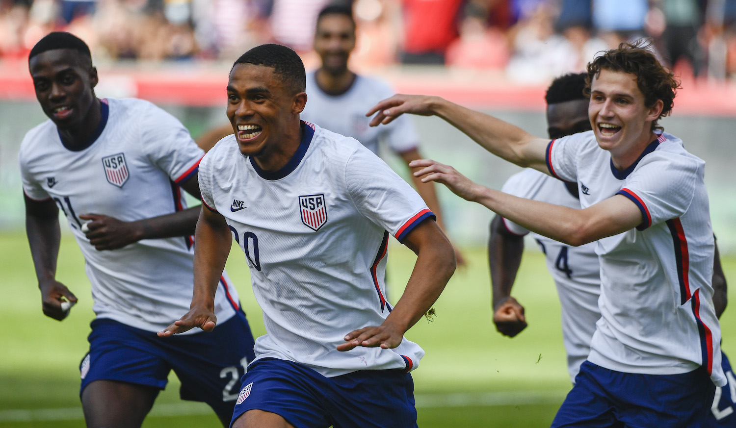 SANDY, UTAH - JUNE 09: Reggie Cannon #20 of the United States celebrates a goal during a game against Costa Rica at Rio Tinto Stadium on June 09, 2021 in Sandy, Utah. (Photo by Alex Goodlett/Getty Images)