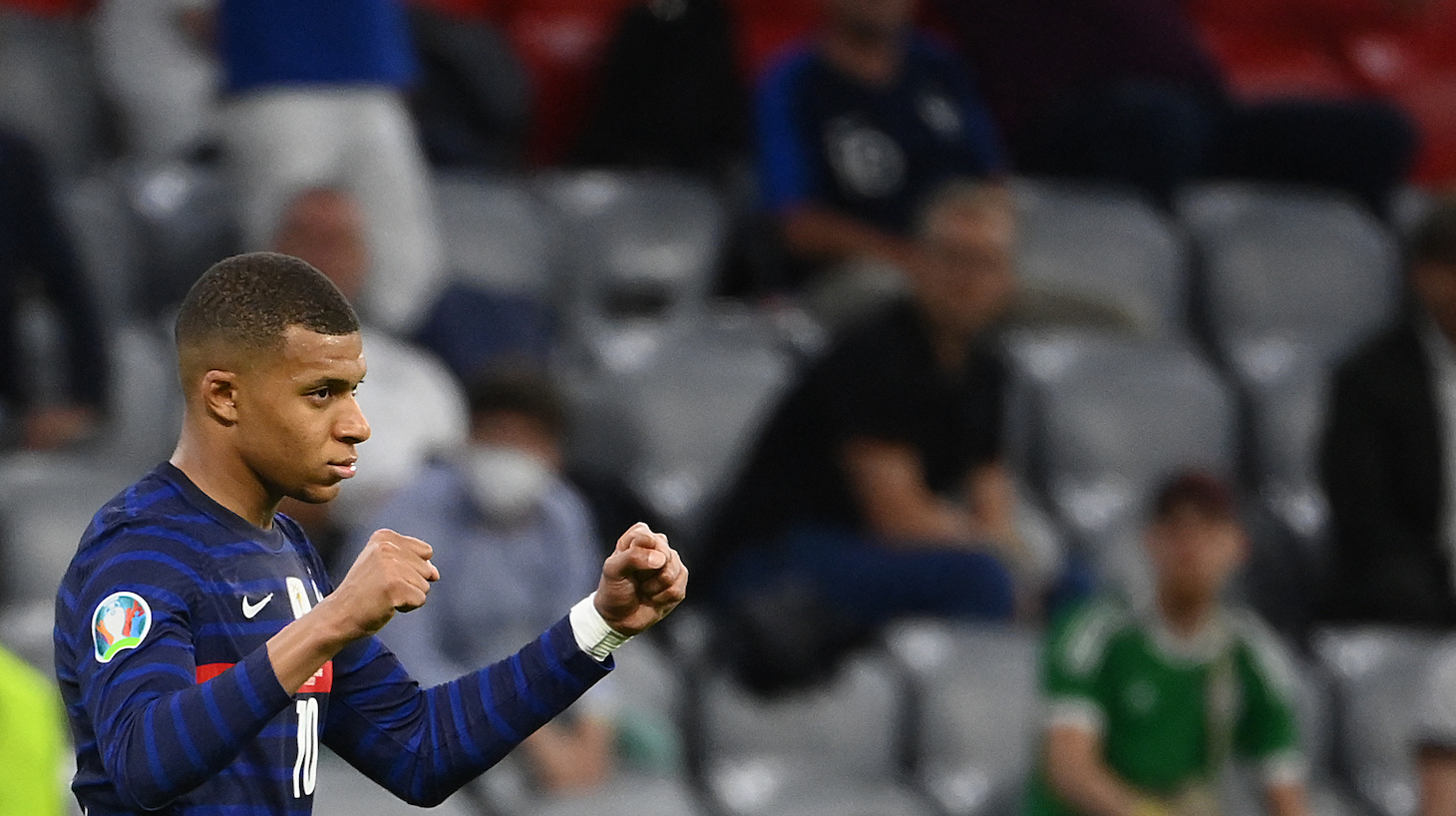 France's forward Kylian Mbappe celebrates after their win in the UEFA EURO 2020 Group F football match between France and Germany at the Allianz Arena in Munich on June 15, 2021.