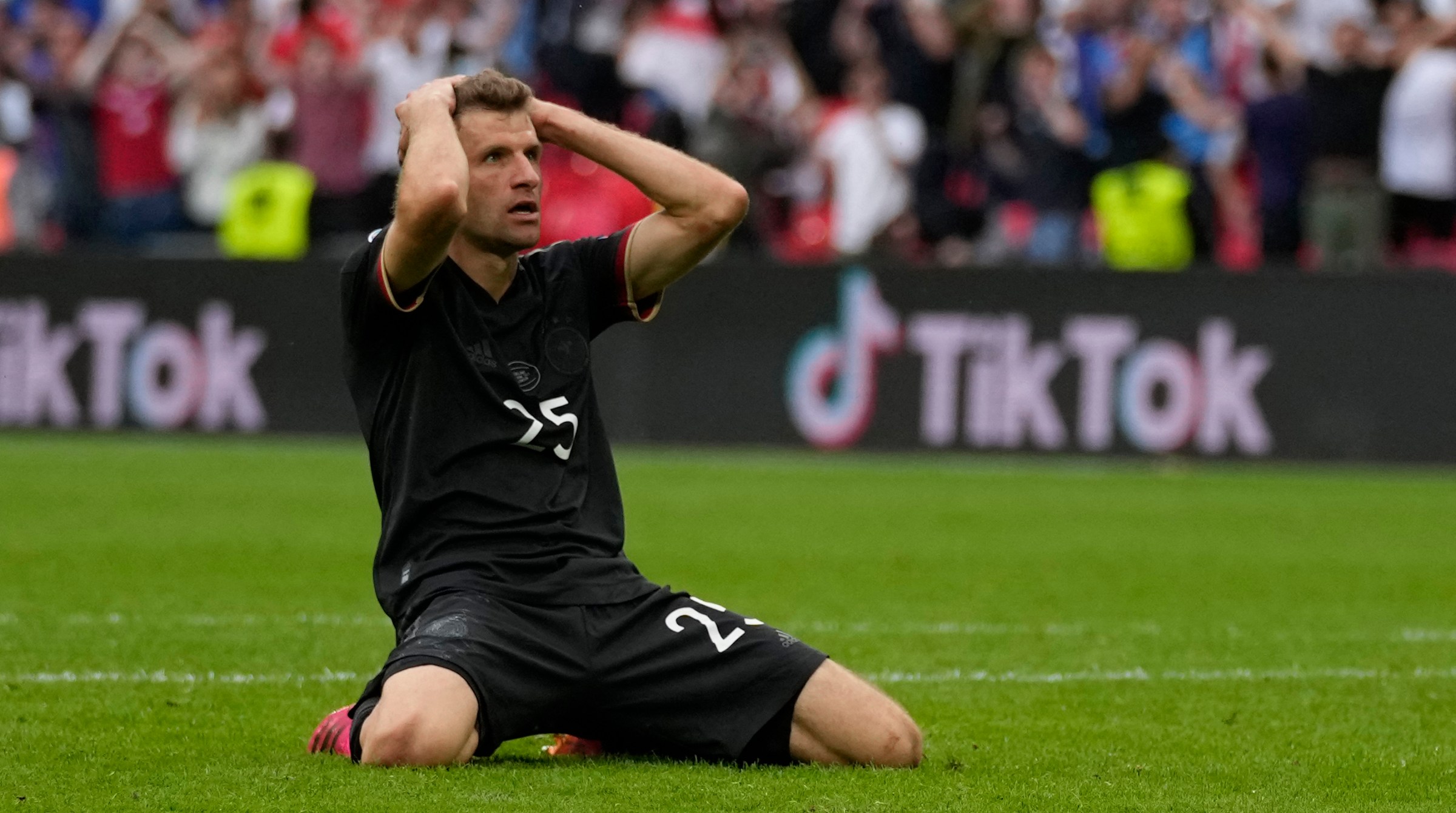Germany's forward Thomas Mueller reacts to missing a goal opportunity during the UEFA EURO 2020 round of 16 football match between England and Germany at Wembley Stadium in London on June 29, 2021.
