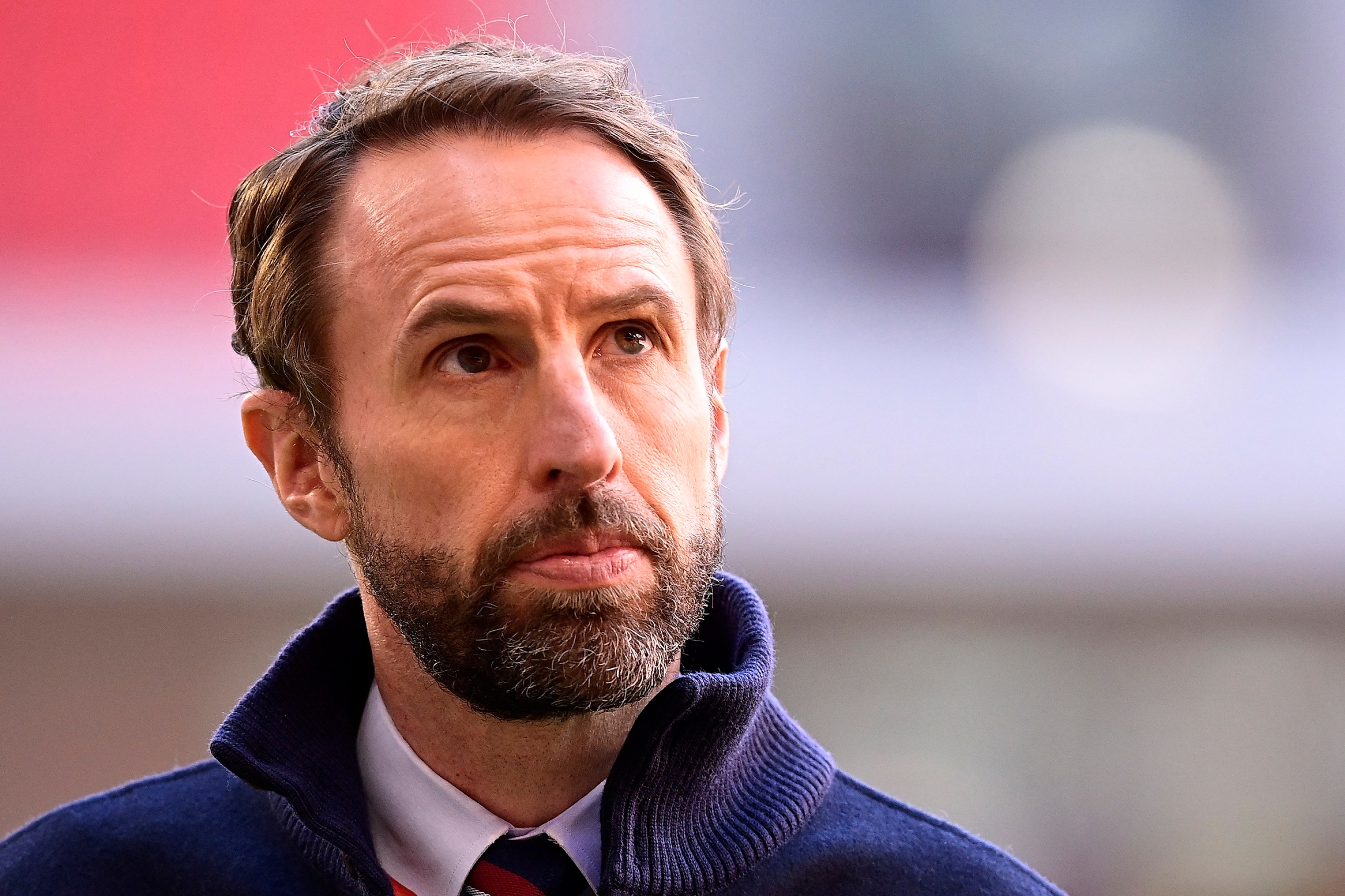 Gareth Southgate, Manager of England looks on prior to the FIFA World Cup 2022 Qatar qualifying match between Albania and England at the Qemal Stafa Stadium on March 28, 2021 in Tirana, Albania.