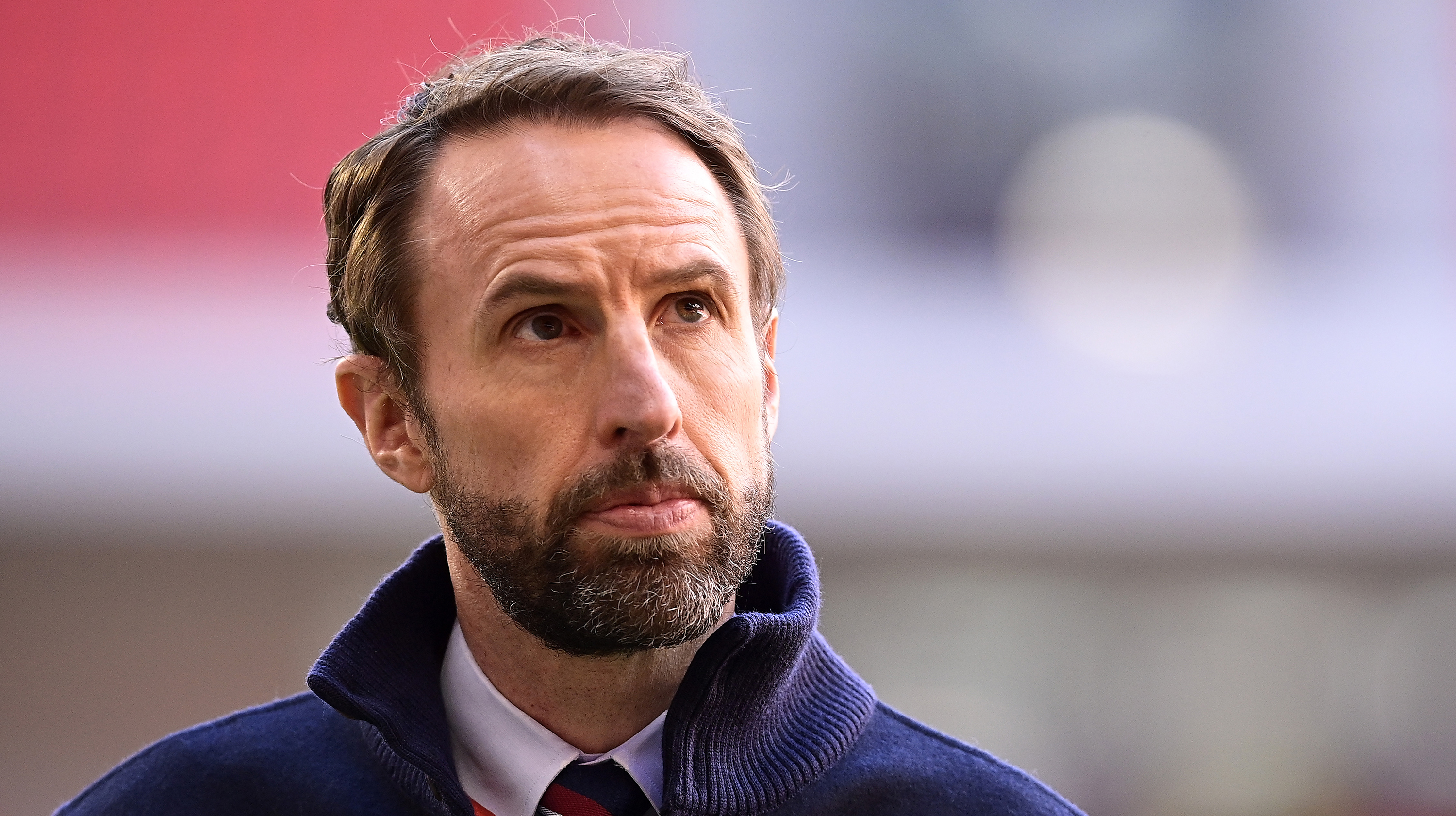 Gareth Southgate, Manager of England looks on prior to the FIFA World Cup 2022 Qatar qualifying match between Albania and England at the Qemal Stafa Stadium on March 28, 2021 in Tirana, Albania.