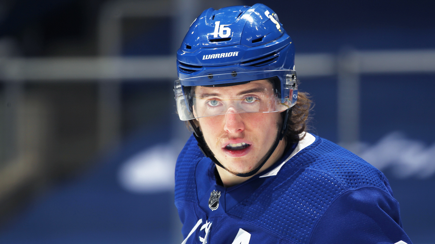TORONTO, ON - APRIL 7: Mitchell Marner #16 of the Toronto Maple Leafs waits for a faceoff against the Montreal Canadiens during an NHL game at Scotiabank Arena on April 7, 2021 in Toronto, Ontario, Canada. The Maple Leafs defeated the Canadiens 3-2. (Photo by Claus Andersen/Getty Images) *** Local Caption *** Mitchell Marner