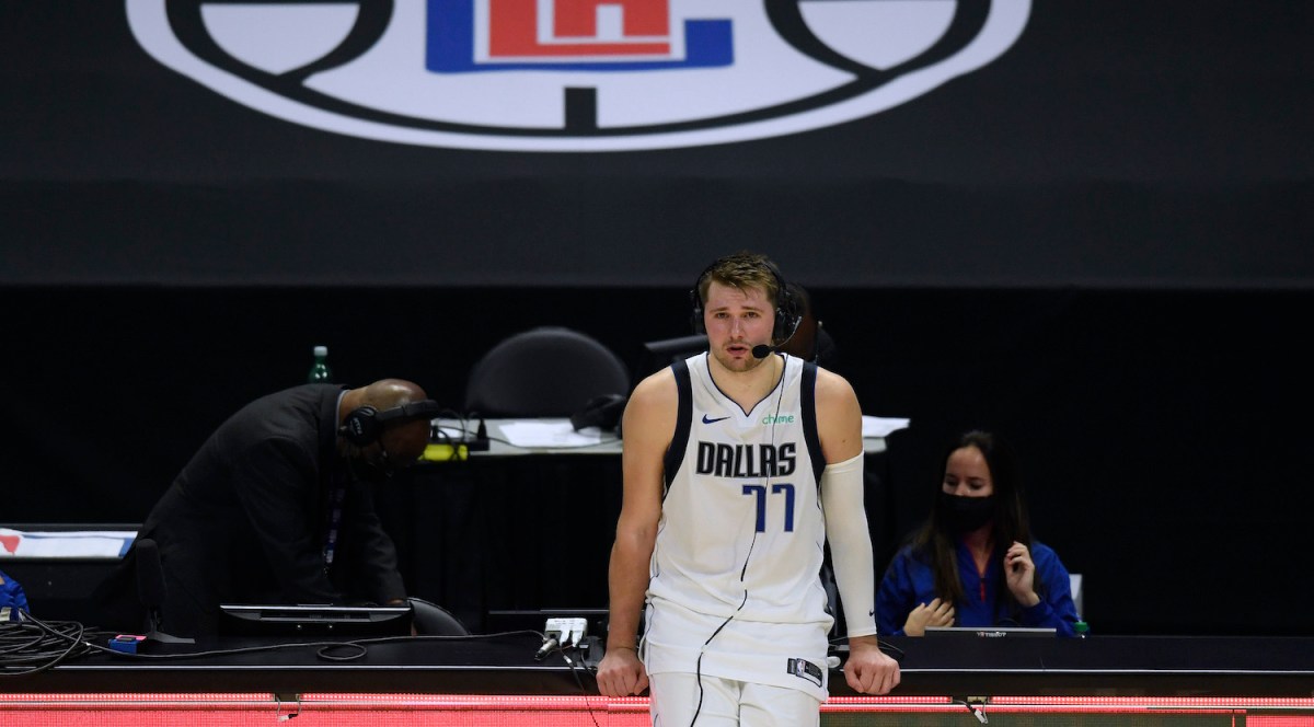 LOS ANGELES, CALIFORNIA - MAY 25: Luka Doncic #77 of the Dallas Mavericks interview after a 127-121 Dallas Mavericks win over the LA Clippers in game two of the Western Conference first round series at Staples Center on May 25, 2021 in Los Angeles, California. (Photo by Harry How/Getty Images)