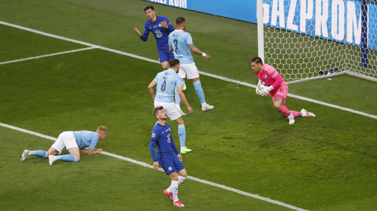 Timo Werner of Chelsea looks dejected as Ederson of Manchester City collects the ball during the UEFA Champions League Final between Manchester City and Chelsea FC at Estadio do Dragao on May 29, 2021 in Porto, Portugal.