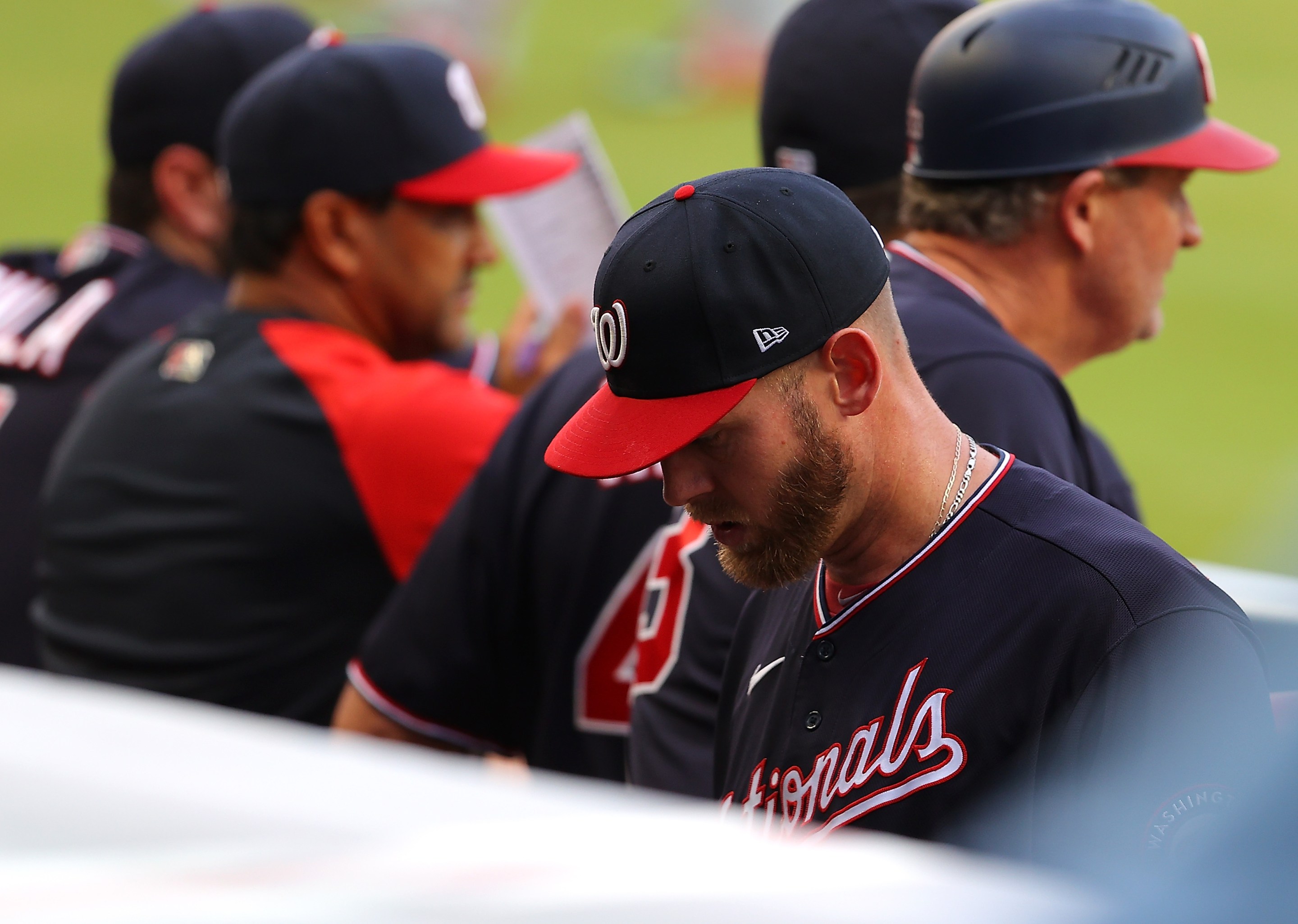 Stephen Strasburg looks bummed as he leaves the field following another injury.