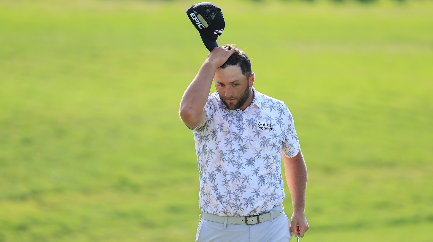 Jon Rahm of Spain reacts as he walks off the 18th green after completing his third round of The Memorial Tournament at Muirfield Village Golf Club on June 05, 2021 in Dublin, Ohio.