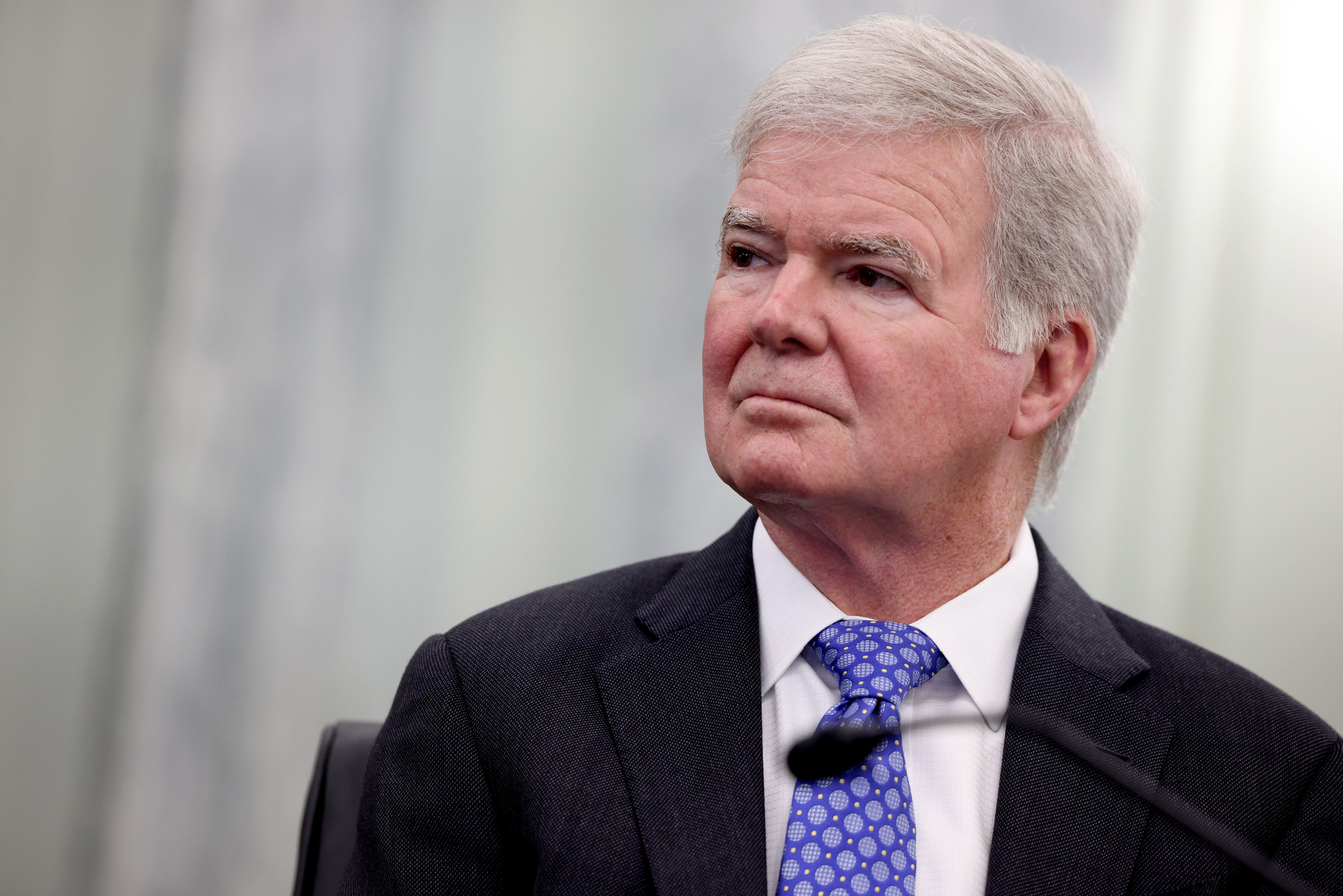 NCAA president Mark Emmert listens during a Senate Commerce, Science and Transportation Committee hearing on “NCAA Athlete NIL (name, image, and likeness) Rights” on Capitol Hill on June 9, 2021 in Washington, DC. Congress hopes to pass legislation on NIL compensation at the federal level before it takes effect in several states across the country on July 1.