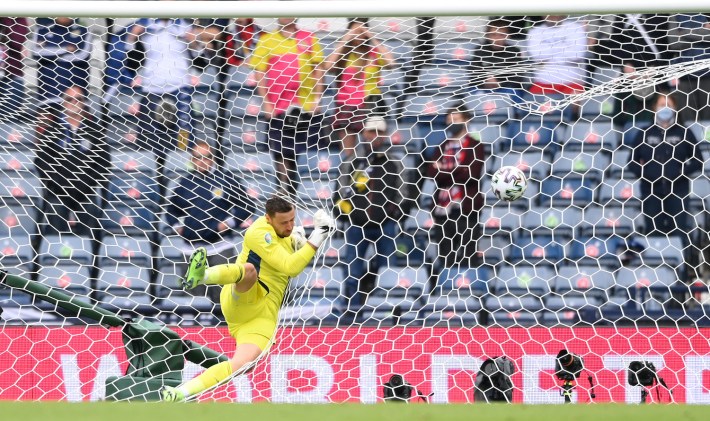 GLASGOW, SCOTLAND - JUNE 14: David Marshall of Scotland fails to save Czech Republic's second goal scored by Patrik Schick (Not pictured) during the UEFA Euro 2020 Championship Group D match between Scotland v Czech Republic at Hampden Park on June 14, 2021 in Glasgow, Scotland. (Photo by Stu Forster/Getty Images)