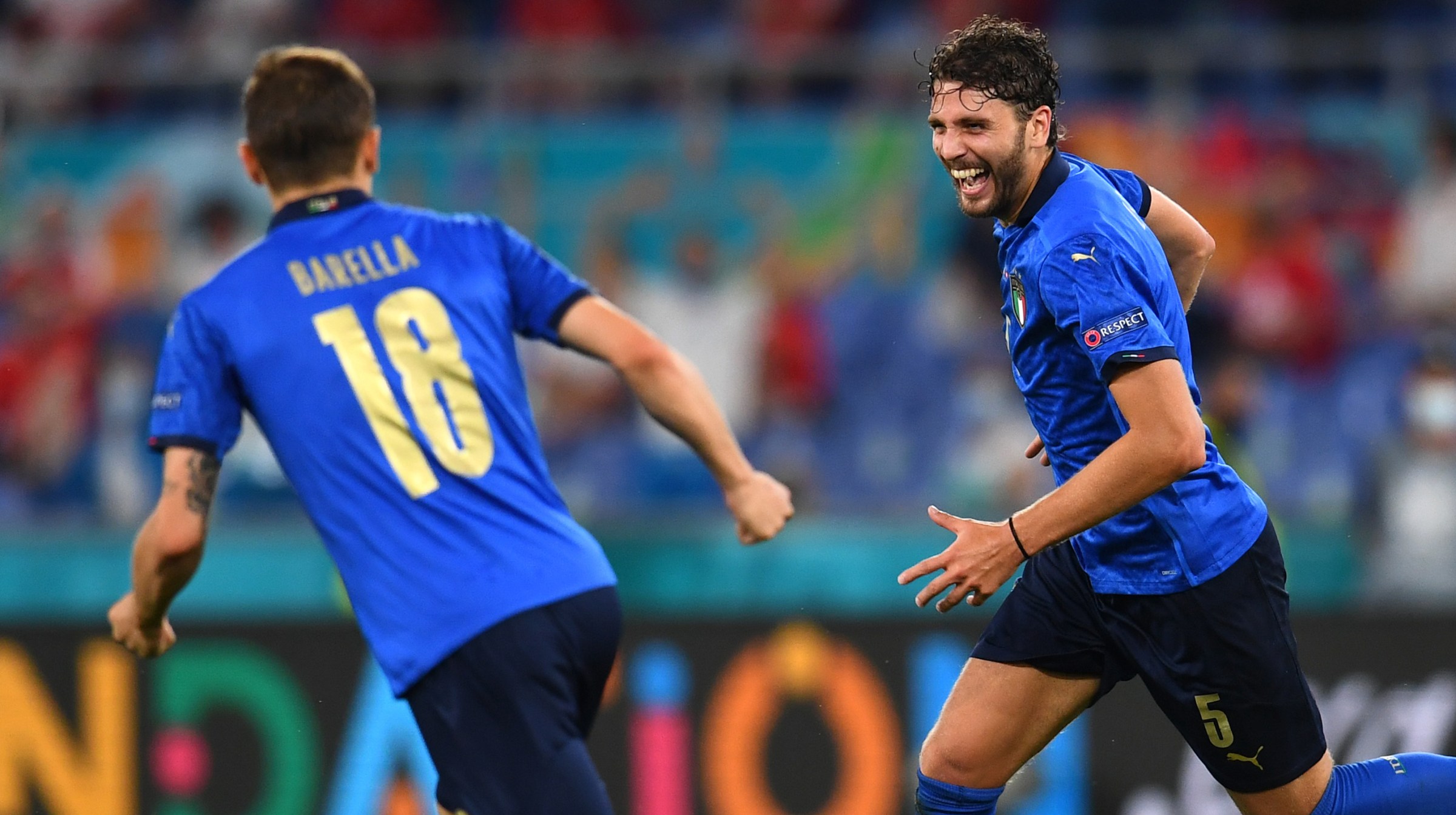 Manuel Locatelli of Italy celebrates with Nicolo Barella after scoring their side's first goal during the UEFA Euro 2020 Championship Group A match between Italy and Switzerland at Olimpico Stadium on June 16, 2021 in Rome, Italy.