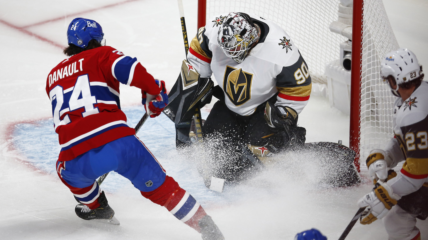 MONTREAL, QUEBEC - JUNE 20: Robin Lehner #90 of the Vegas Golden Knights makes the save against Phillip Danault #24 of the Montreal Canadiens during the second period in Game Four of the Stanley Cup Semifinals of the 2021 Stanley Cup Playoffs at Bell Centre on June 20, 2021 in Montreal, Quebec. (Photo by Vaughn Ridley/Getty Images)