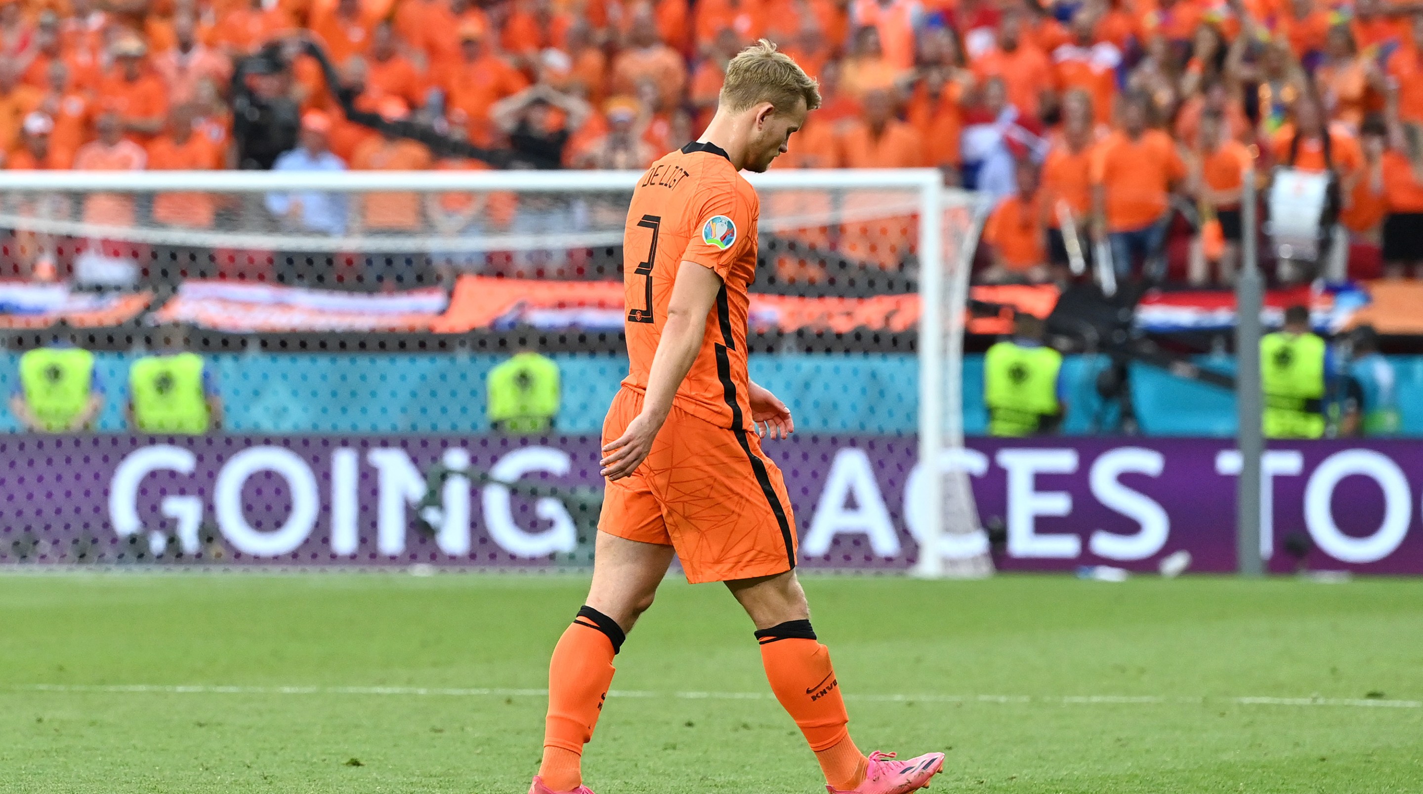 Matthijs de Ligt of Netherlands looks dejected after being shown a red card during the UEFA Euro 2020 Championship Round of 16 match between Netherlands and Czech Republic at Puskas Arena on June 27, 2021 in Budapest, Hungary.