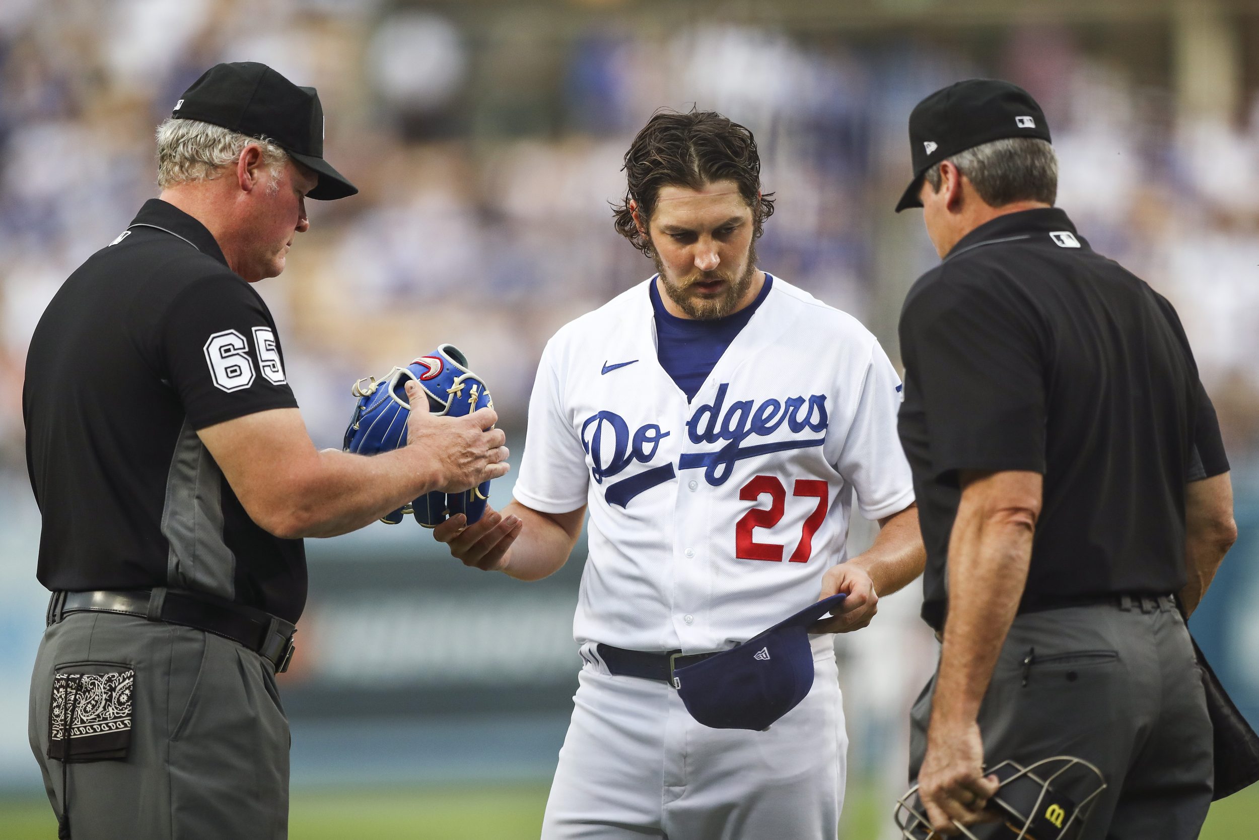 Trevor Bauer of the Dodgers is inspected for sticky stuff.