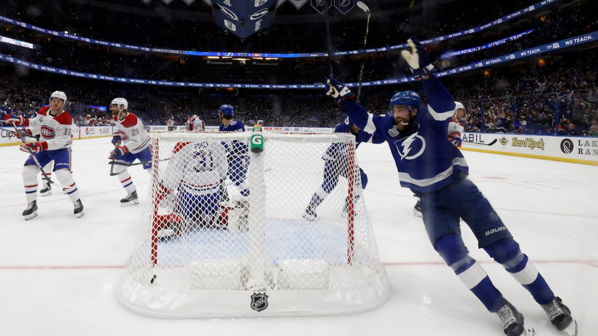 TAMPA, FLORIDA - JUNE 28: Victor Hedman #77 of the Tampa Bay Lightning celebrates a goal by Yanni Gourde past Carey Price #31 of the Montreal Canadiens during the third period in Game One of the 2021 NHL Stanley Cup Final at Amalie Arena on June 28, 2021 in Tampa, Florida. (Photo by Mike Carlson/Getty Images)