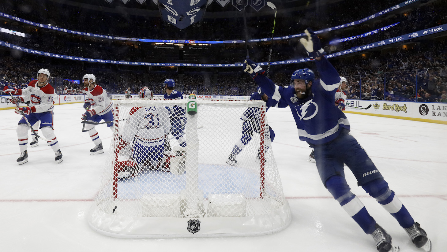 TAMPA, FLORIDA - JUNE 28: Victor Hedman #77 of the Tampa Bay Lightning celebrates a goal by Yanni Gourde past Carey Price #31 of the Montreal Canadiens during the third period in Game One of the 2021 NHL Stanley Cup Final at Amalie Arena on June 28, 2021 in Tampa, Florida. (Photo by Mike Carlson/Getty Images)
