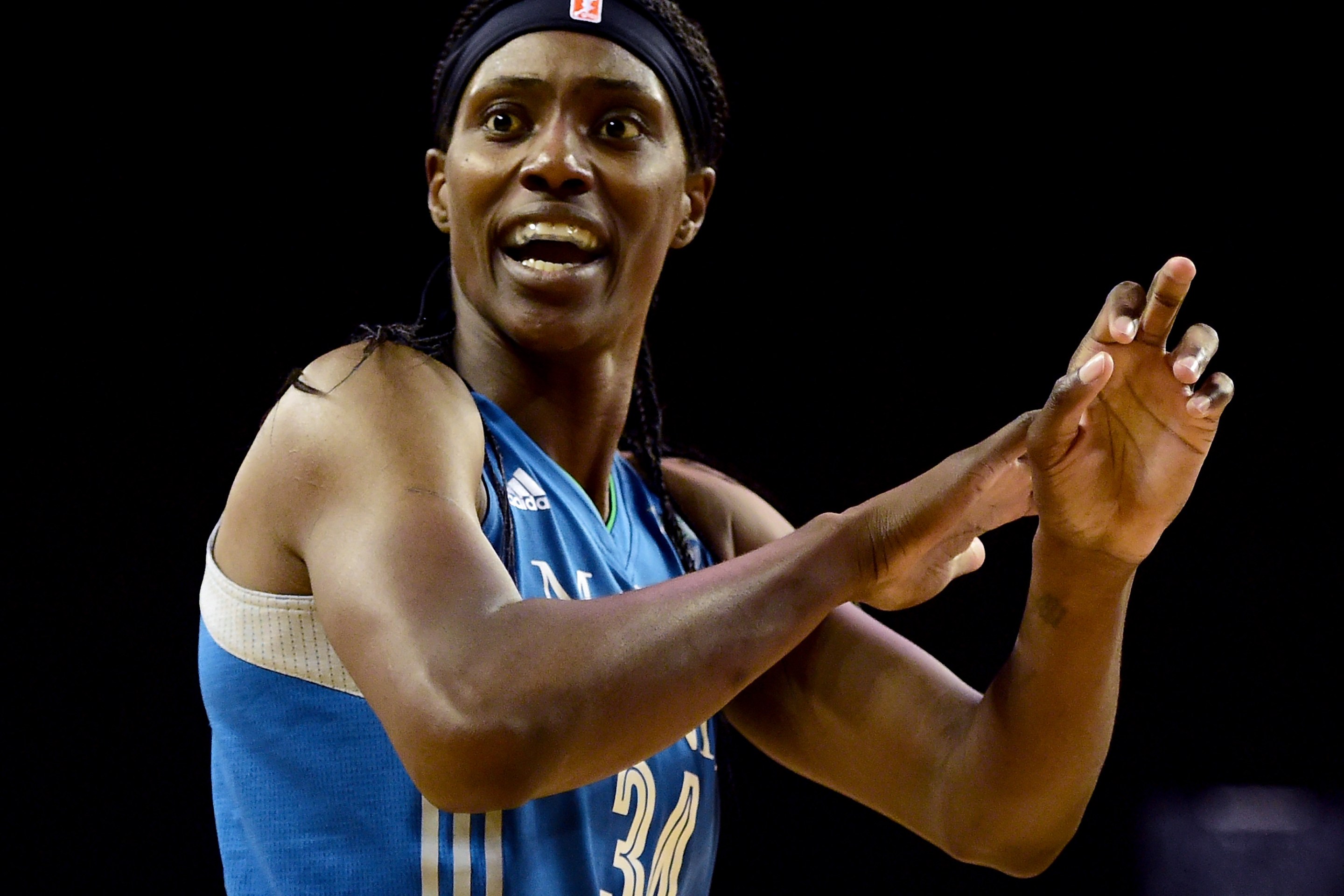 Center Sylvia Fowles #34 of the Minnesota Lynx reacts to a call against the Los Angeles Sparks in game three of the 2016 WNBA Finals at Galen Center on October 14, 2016 in Los Angeles, California.