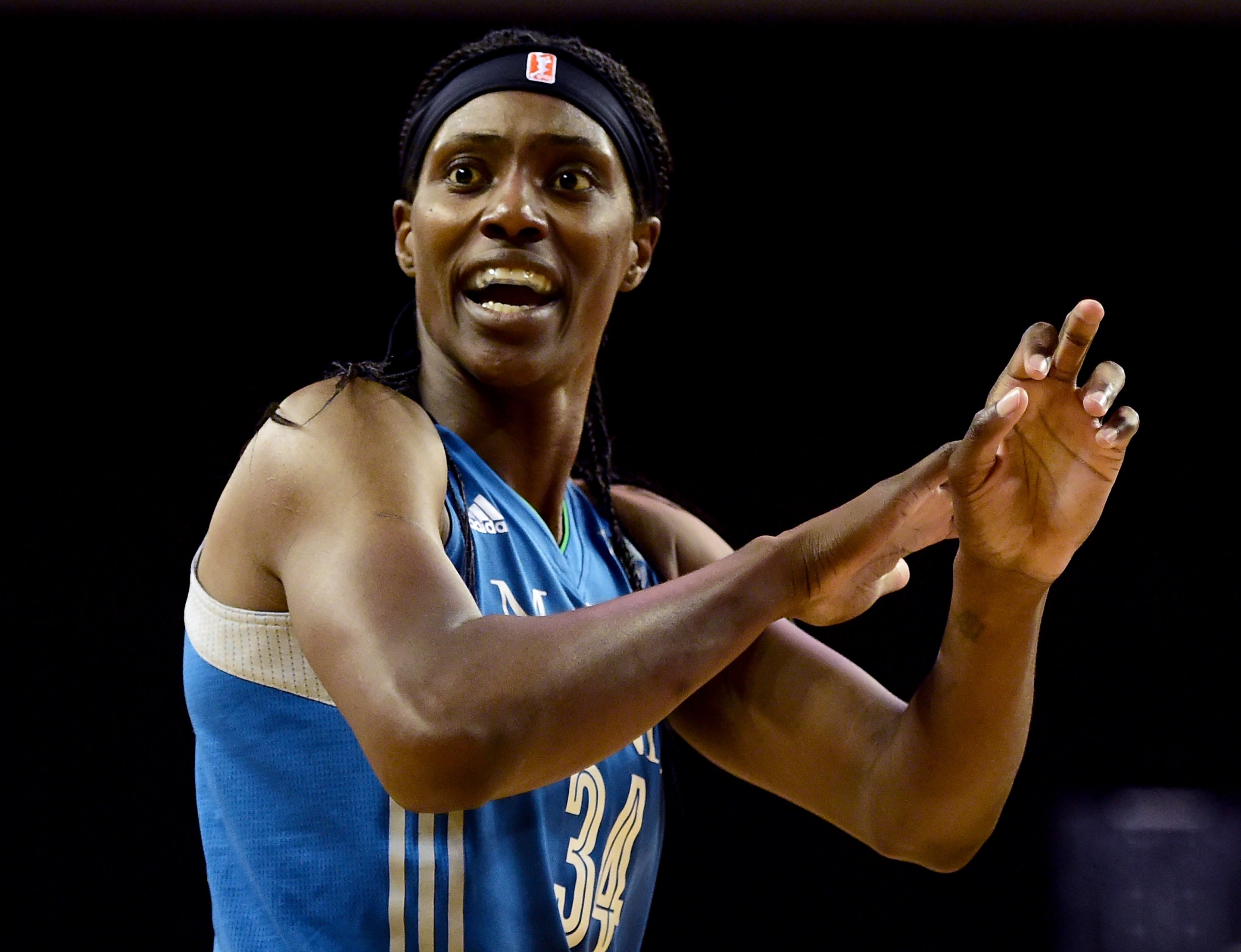 Center Sylvia Fowles #34 of the Minnesota Lynx reacts to a call against the Los Angeles Sparks in game three of the 2016 WNBA Finals at Galen Center on October 14, 2016 in Los Angeles, California.