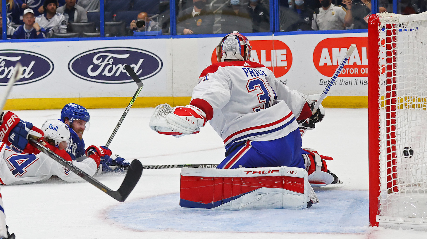 TAMPA, FLORIDA - JUNE 30: Blake Coleman #20 of the Tampa Bay Lightning scores against Carey Price #31 of the Montreal Canadiens during the second period in Game Two of the 2021 NHL Stanley Cup Final at Amalie Arena on June 30, 2021 in Tampa, Florida. (Photo by Bruce Bennett/Getty Images)