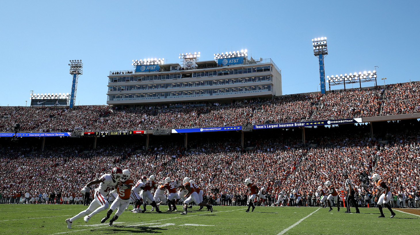 DALLAS, TEXAS - OCTOBER 12: A general view of play between the Texas Longhorns and the Oklahoma Sooners during the 2019 AT&T Red River Showdown at Cotton Bowl on October 12, 2019 in Dallas, Texas. (Photo by Ronald Martinez/Getty Images)