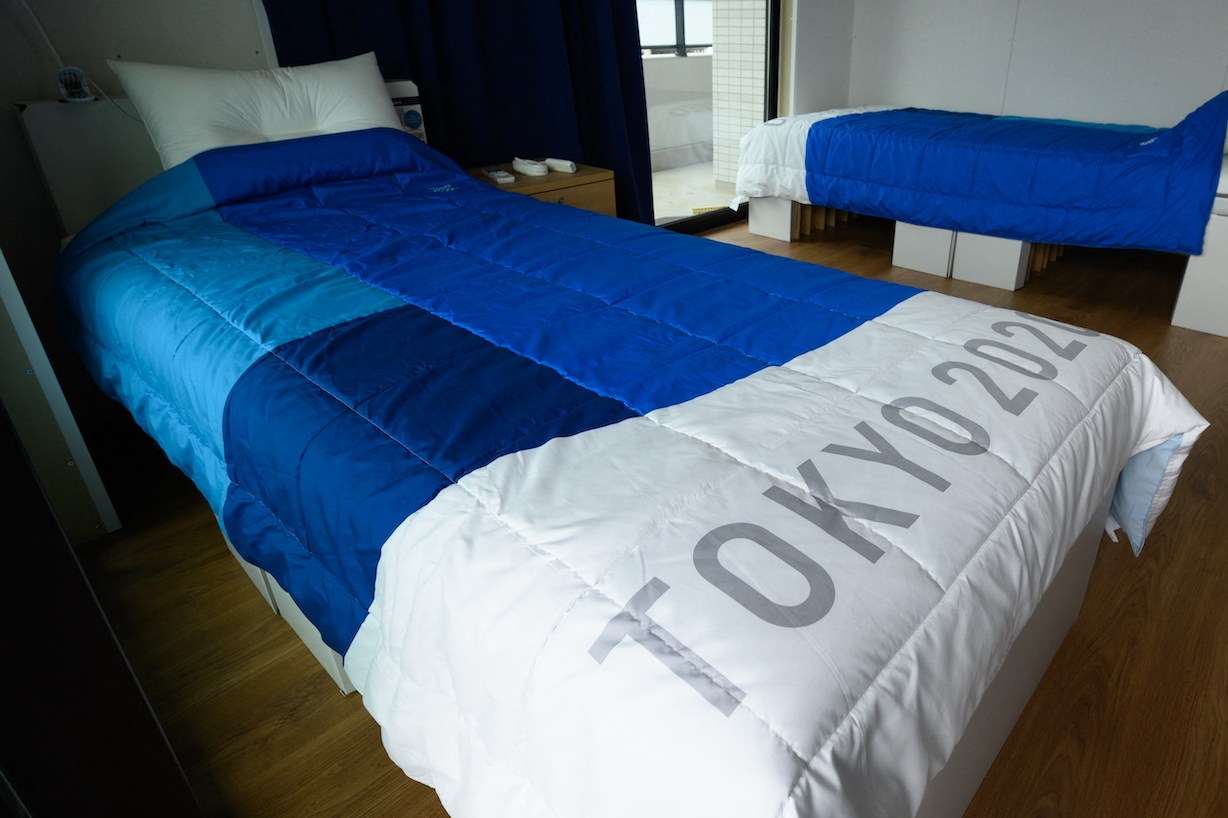 Recyclable cardboard beds and mattresses for athletes during a media tour at the Olympic and Paralympic Village for the Tokyo 2020 Games, is seen in the Harumi waterfront district of Tokyo on June 20, 2021. (Photo by Akio KON / POOL / AFP) (Photo by AKIO KON/POOL/AFP via Getty Images)