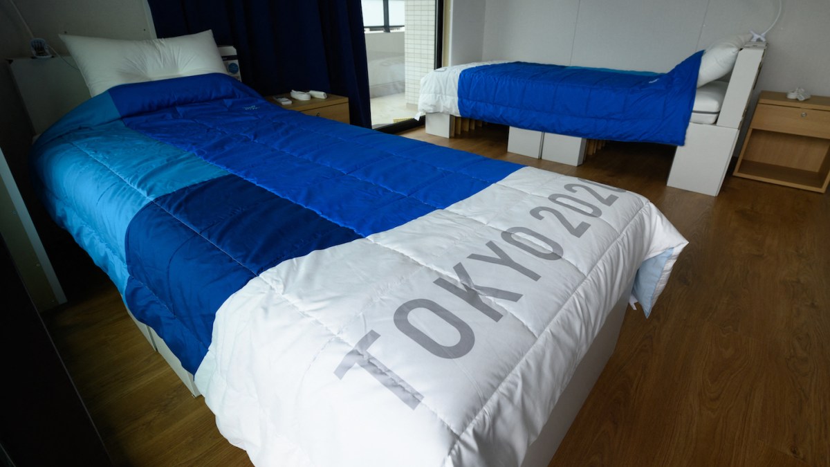 Recyclable cardboard beds and mattresses for athletes during a media tour at the Olympic and Paralympic Village for the Tokyo 2020 Games, is seen in the Harumi waterfront district of Tokyo on June 20, 2021. (Photo by Akio KON / POOL / AFP) (Photo by AKIO KON/POOL/AFP via Getty Images)