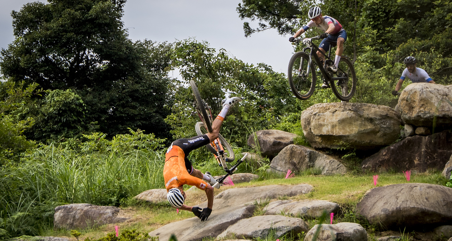 Dutch Mathieu Van der Poel falls during the men final race of the Mountainbike (VTT) event on the Izu track, on the fourth day of the 'Tokyo 2020 Olympic Games' in Tokyo, Japan on Monday 26 July 2021. The postponed 2020 Summer Olympics are taking place from 23 July to 8 August 2021. BELGA PHOTO JASPER JACOBS (Photo by JASPER JACOBS/BELGA MAG/AFP via Getty Images)