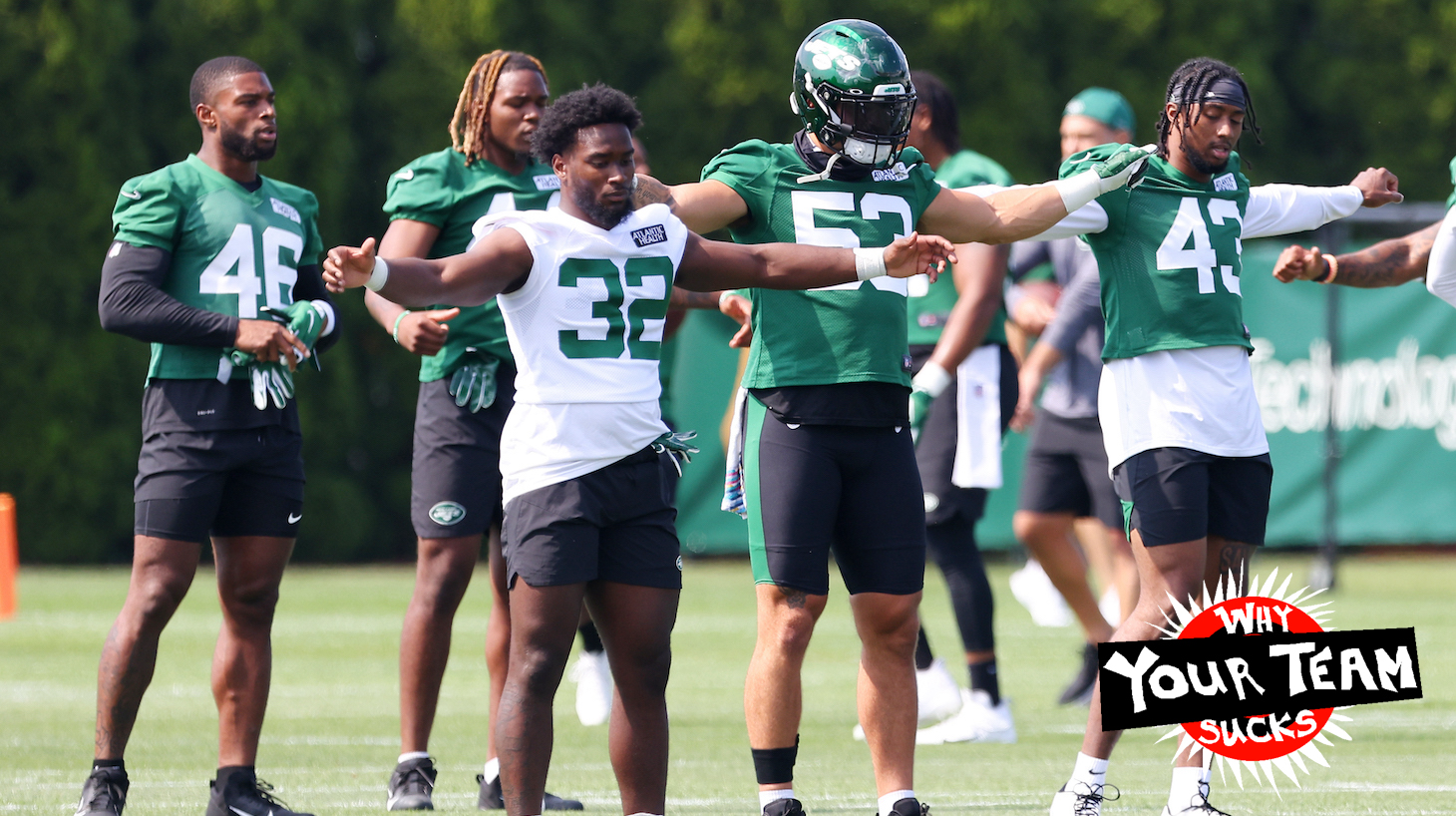 FLORHAM PARK, NJ - JULY 28: Michael Carter #32, Jarrad Davis #52 and Del'Shawn Phillips #43 of the New York Jets during morning practice at Atlantic Health Jets Training Center on July 28, 2021 in Florham Park, New Jersey. (Photo by Rich Schultz/Getty Images)