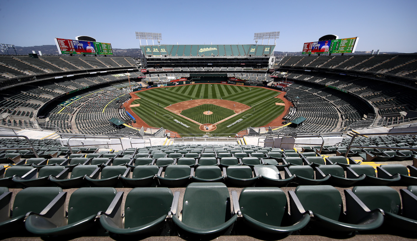 OAKLAND, CALIFORNIA - JULY 25: A general view of the Oakland Athletics playing against the Los Angeles Angels in an empty stadium at Oakland-Alameda County Coliseum on July 25, 2020 in Oakland, California. The 2020 season had been postponed since March due to the COVID-19 pandemic. (Photo by Ezra Shaw/Getty Images)