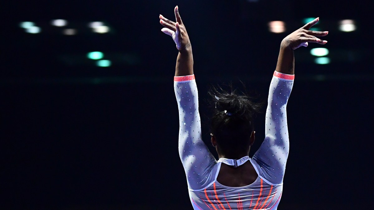 Simone Biles after landing a Yurchenko double pike dismount at the GK U.S. Classic.