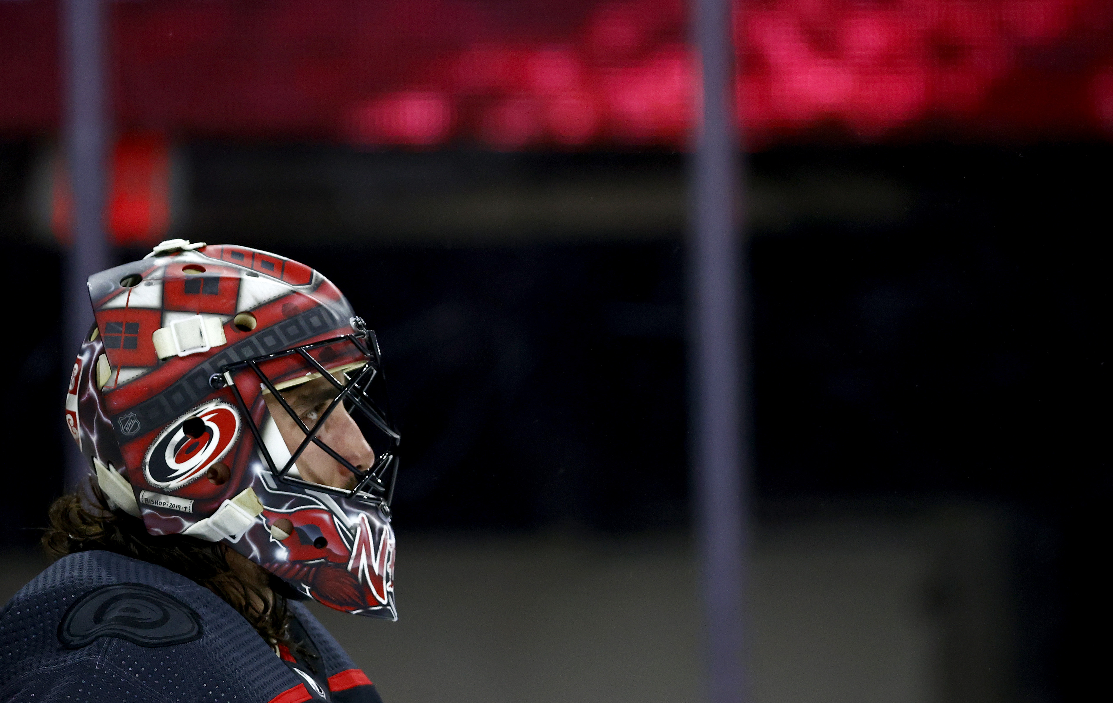 Alex Nedeljkovic #39 of the Carolina Hurricanes looks on during the second period in Game Five of the Second Round of the 2021 Stanley Cup Playoffs against the Tampa Bay Lightning at PNC Arena on June 08, 2021 in Raleigh, North Carolina.