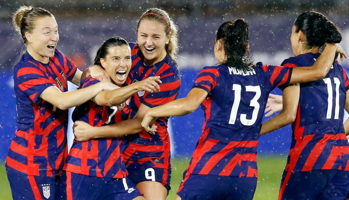EAST HARTFORD, CONNECTICUT - JULY 01: Tobin Heath #7 of United States celebrates with Christen Press #11, Alex Morgan #13, Lindsey Horan #9 and Emily Sonnett, #14 after scoring a goal against Mexico at Rentschler Field on July 01, 2021 in East Hartford, Connecticut. (Photo by Maddie Meyer/Getty Images)