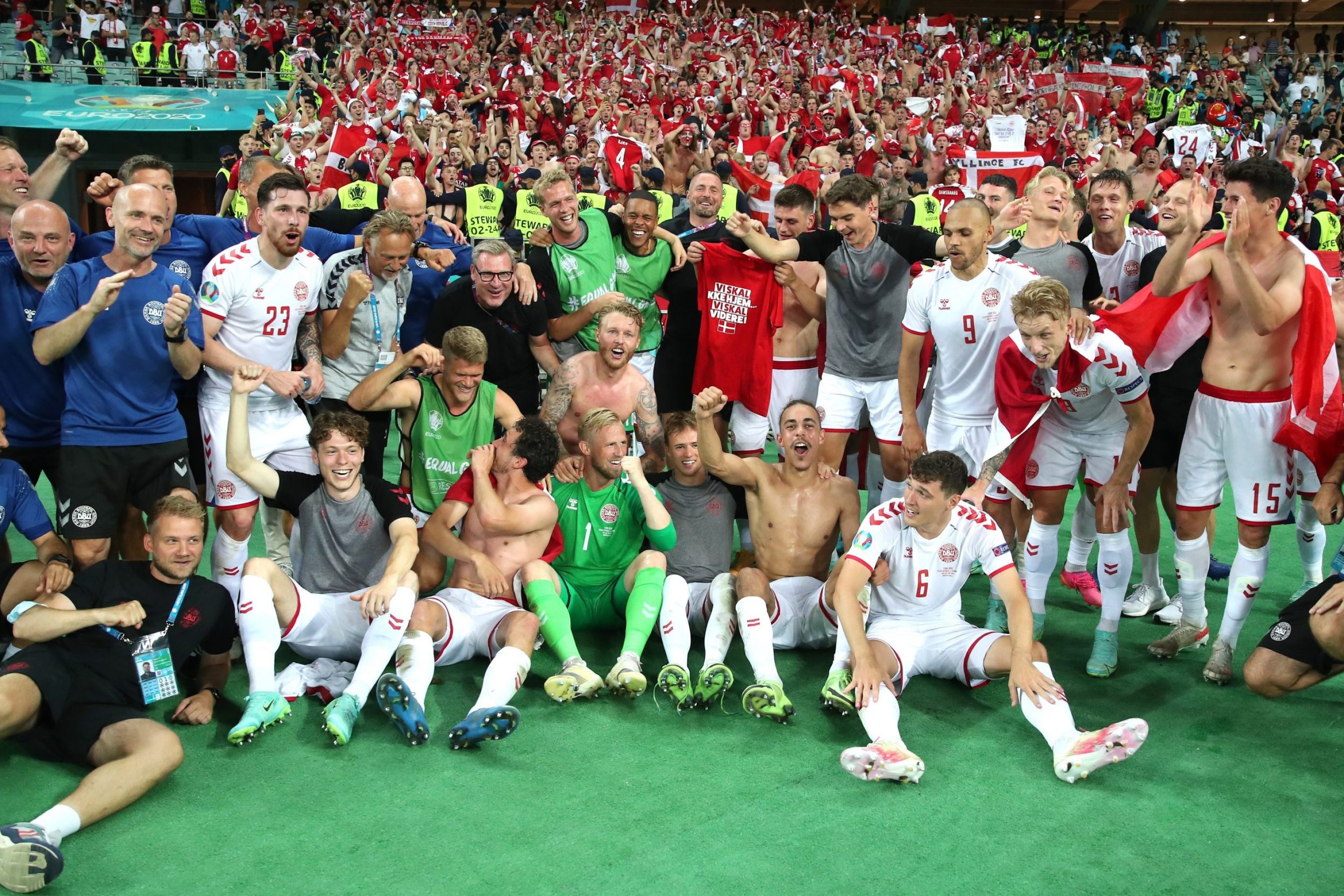 Players of Denmark celebrate their side's victory in front of the fans after the UEFA Euro 2020 Championship Quarter-final match between Czech Republic and Denmark at Baku Olimpiya Stadionu on July 03, 2021 in Baku, Azerbaijan.