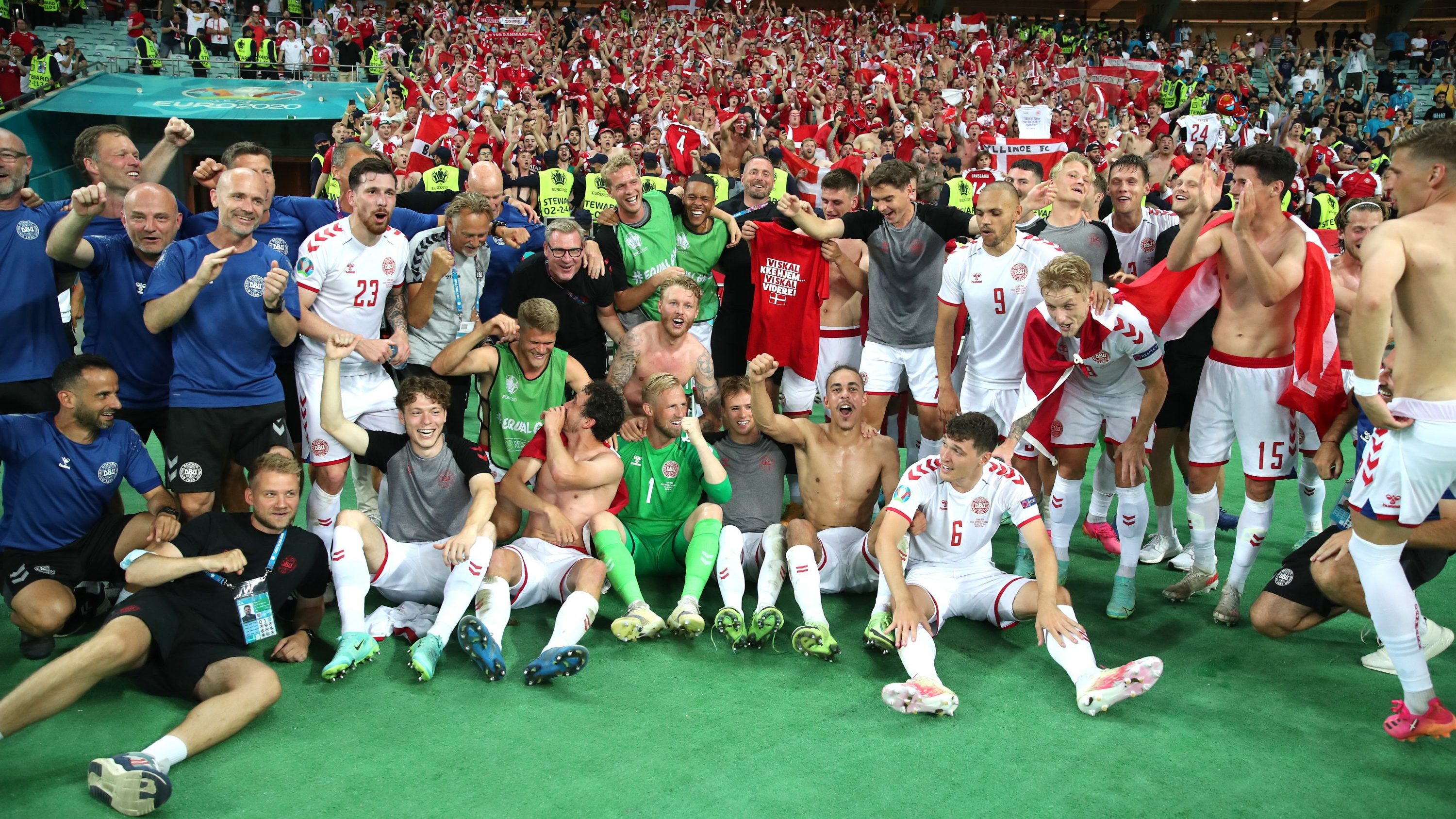 Players of Denmark celebrate their side's victory in front of the fans after the UEFA Euro 2020 Championship Quarter-final match between Czech Republic and Denmark at Baku Olimpiya Stadionu on July 03, 2021 in Baku, Azerbaijan.