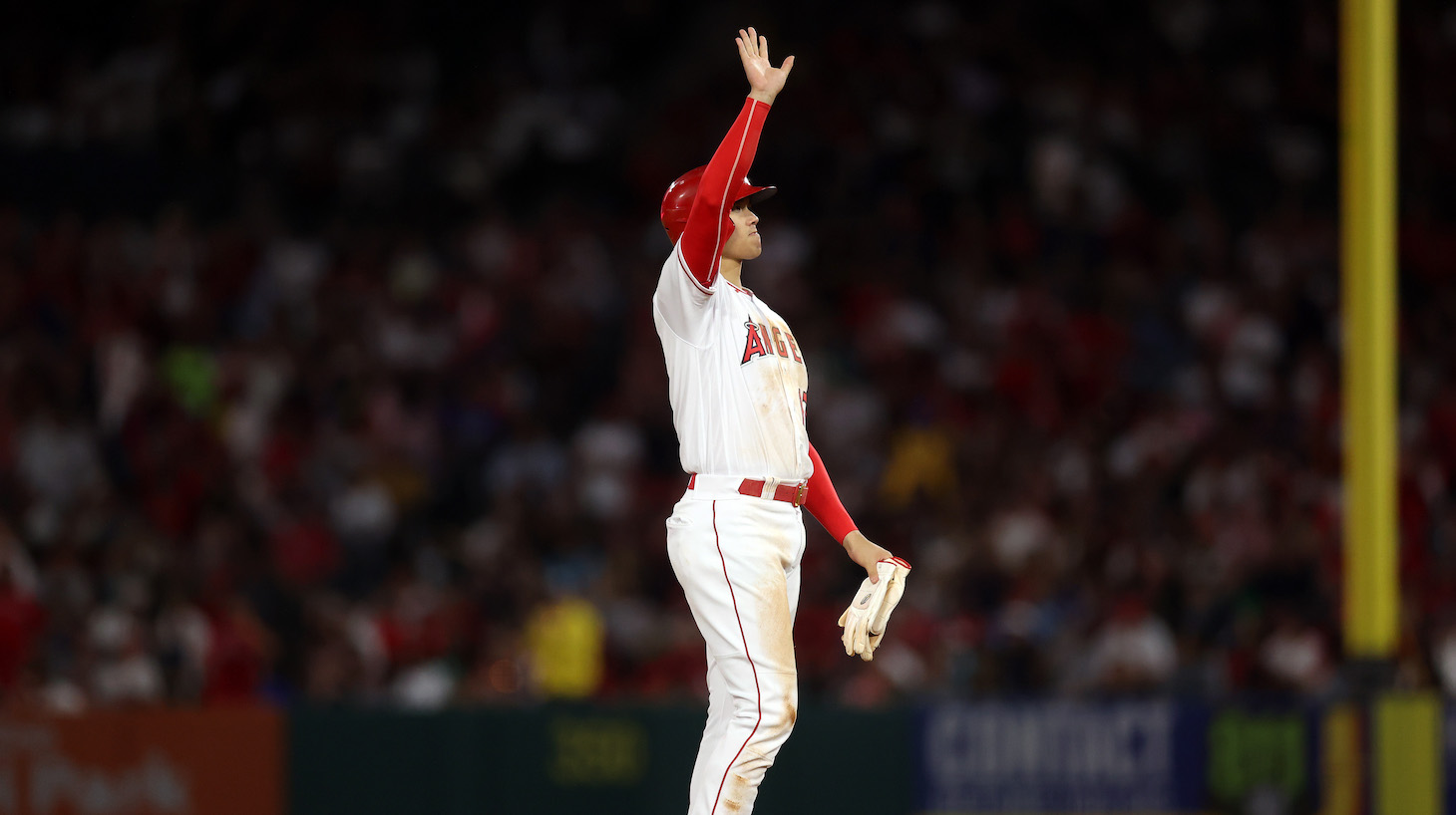 ANAHEIM, CALIFORNIA - JULY 05: Shohei Ohtani #17 of the Los Angeles Angels waves after advancing to second base against the Boston Red Sox in the fifth inning at Angel Stadium of Anaheim on July 05, 2021 in Anaheim, California. (Photo by Ronald Martinez/Getty Images)