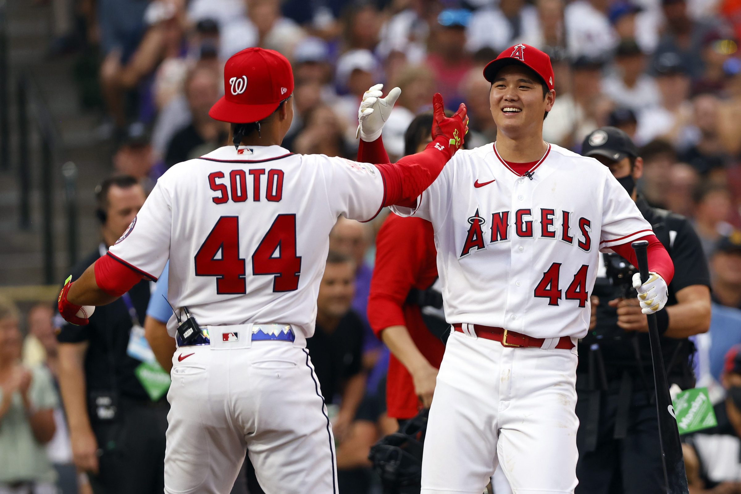 Juan Soto and Shohei Ohtani high-five at the MLB All-Star Game's Home Run Derby