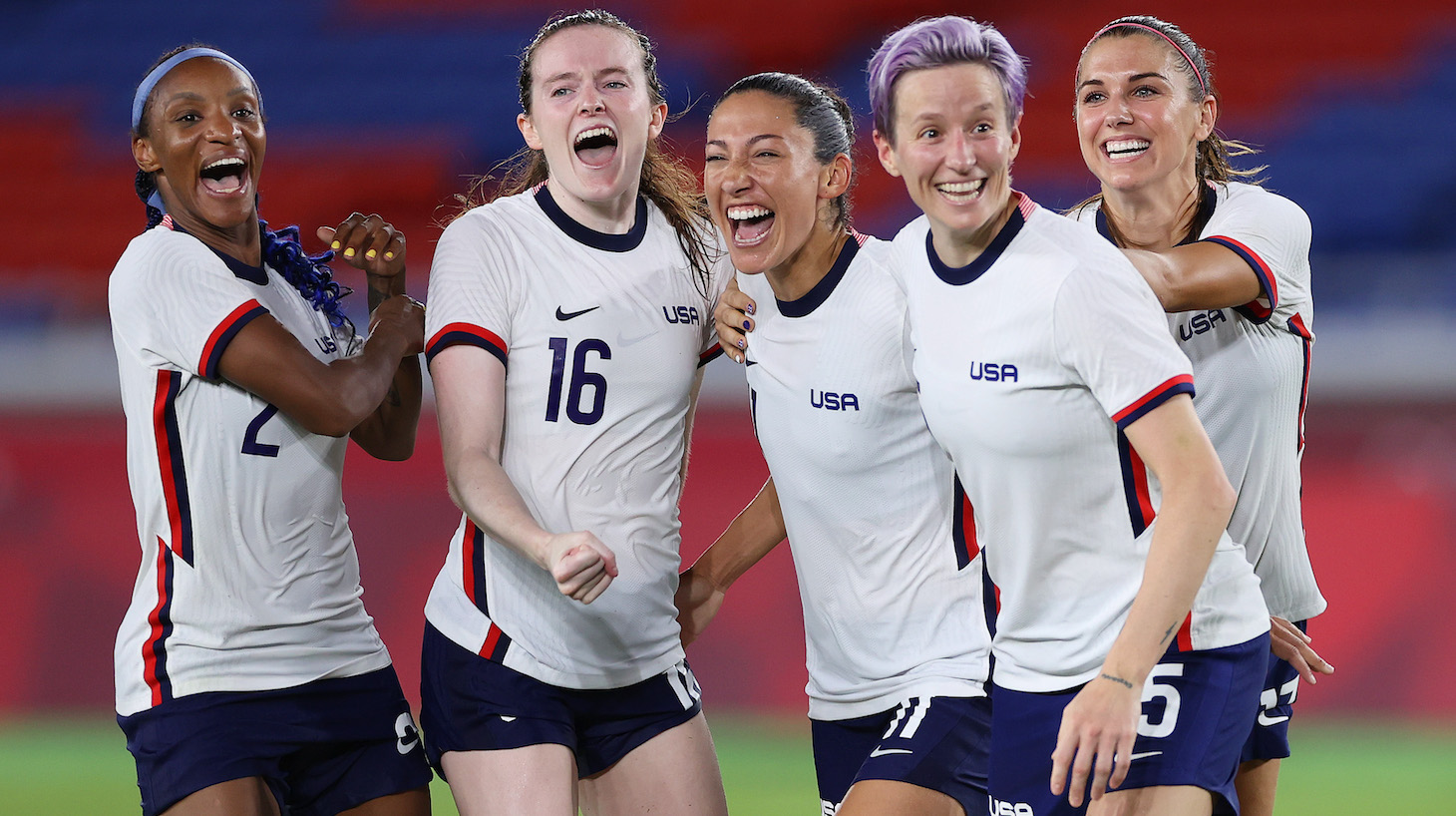 Crystal Dunn #2, Rose Lavelle #16, Christen Press #11, Megan Rapinoe #15 and Alex Morgan #13 of Team United States celebrate following their team's victory in the penalty shoot out after the Women's Quarter Final match between Netherlands and United States on day seven of the Tokyo 2020 Olympic Games at International Stadium Yokohama on July 30, 2021 in Yokohama, Kanagawa, Japan.