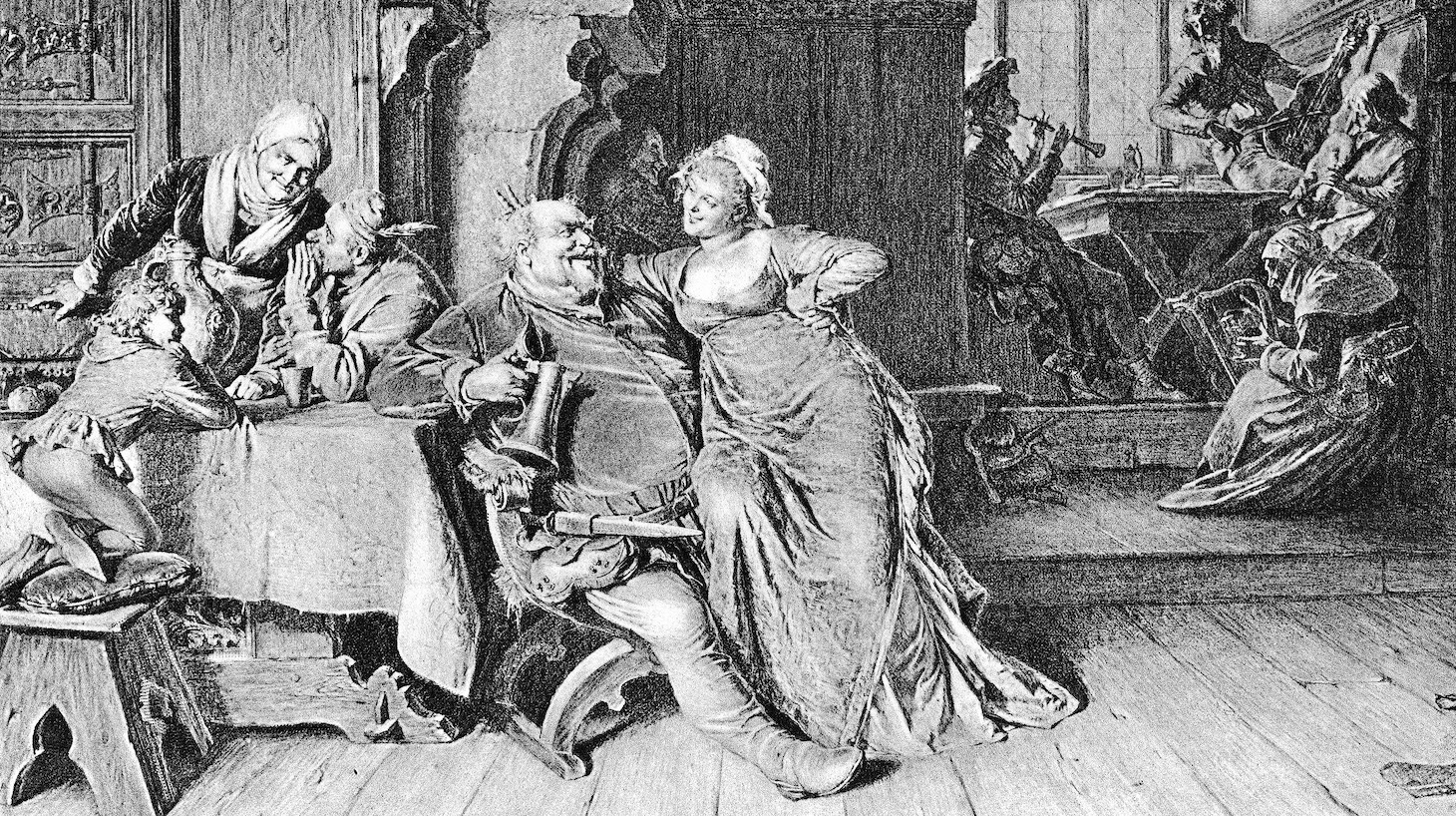 Falstaff sits with a woman, holding a tankard, in an illustrated scene from the Shakespeare play, 'King Henry IV,' Act II, Scene IV. (Kean Collection/Getty Images)