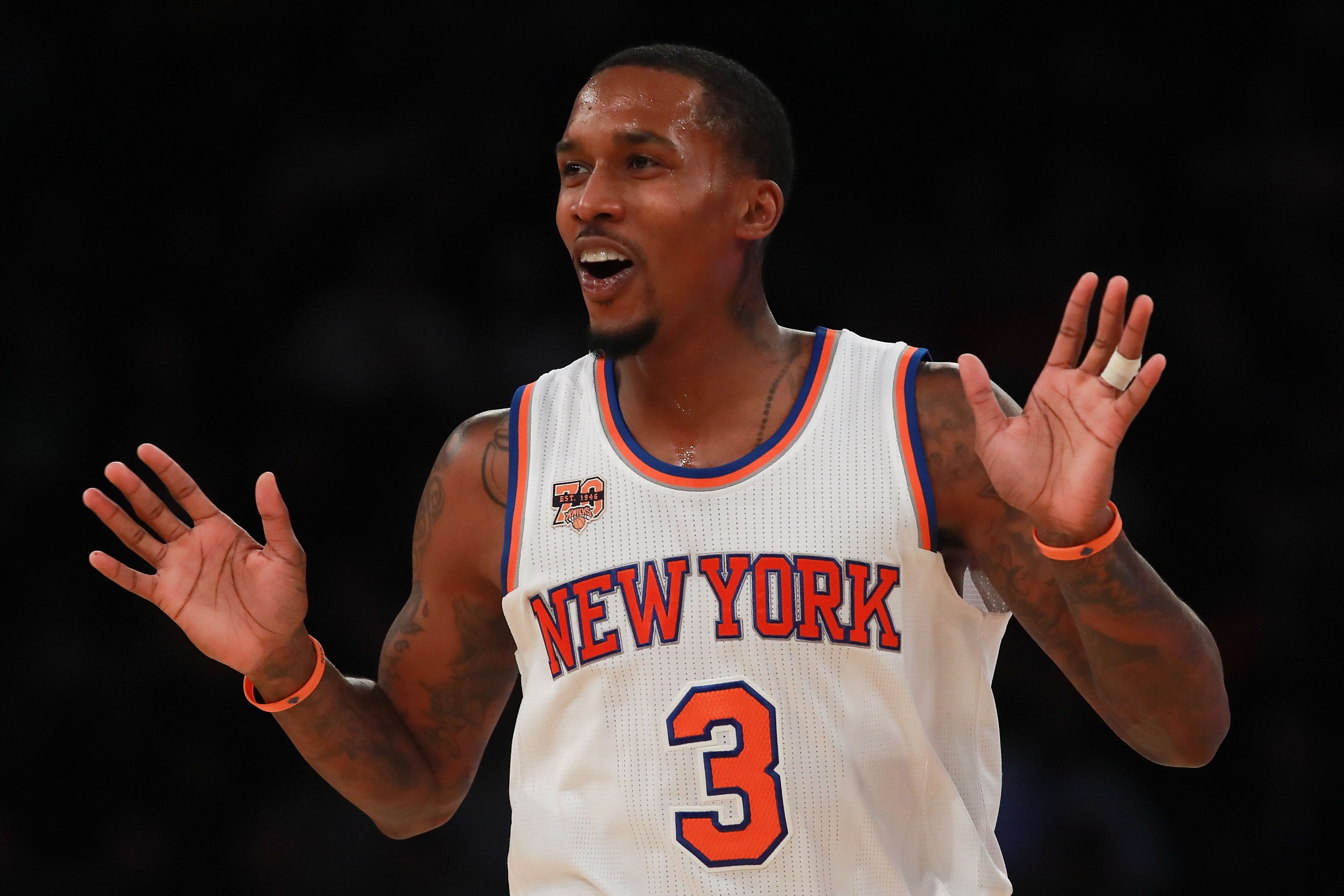 NBA megastar Brandon Jennings seen here objecting to a foul call while with the Knicks, a team he apparently played for.